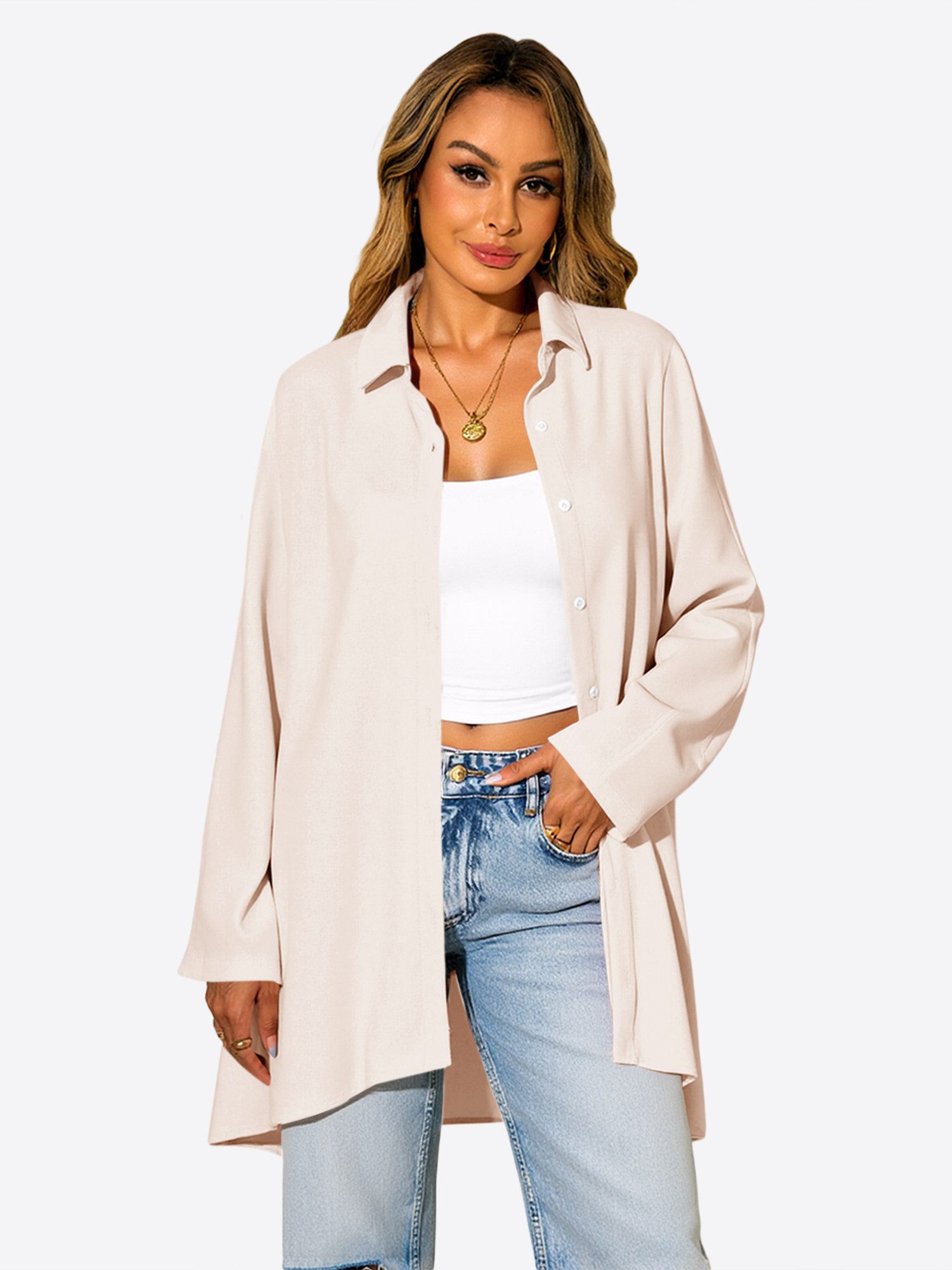 Imily Bela Langarmshirt Damen Locker geschnittene Bluse mit fließendem Stoff (Packung, 1-tlg., 1per-Pack) mit Knöpfen