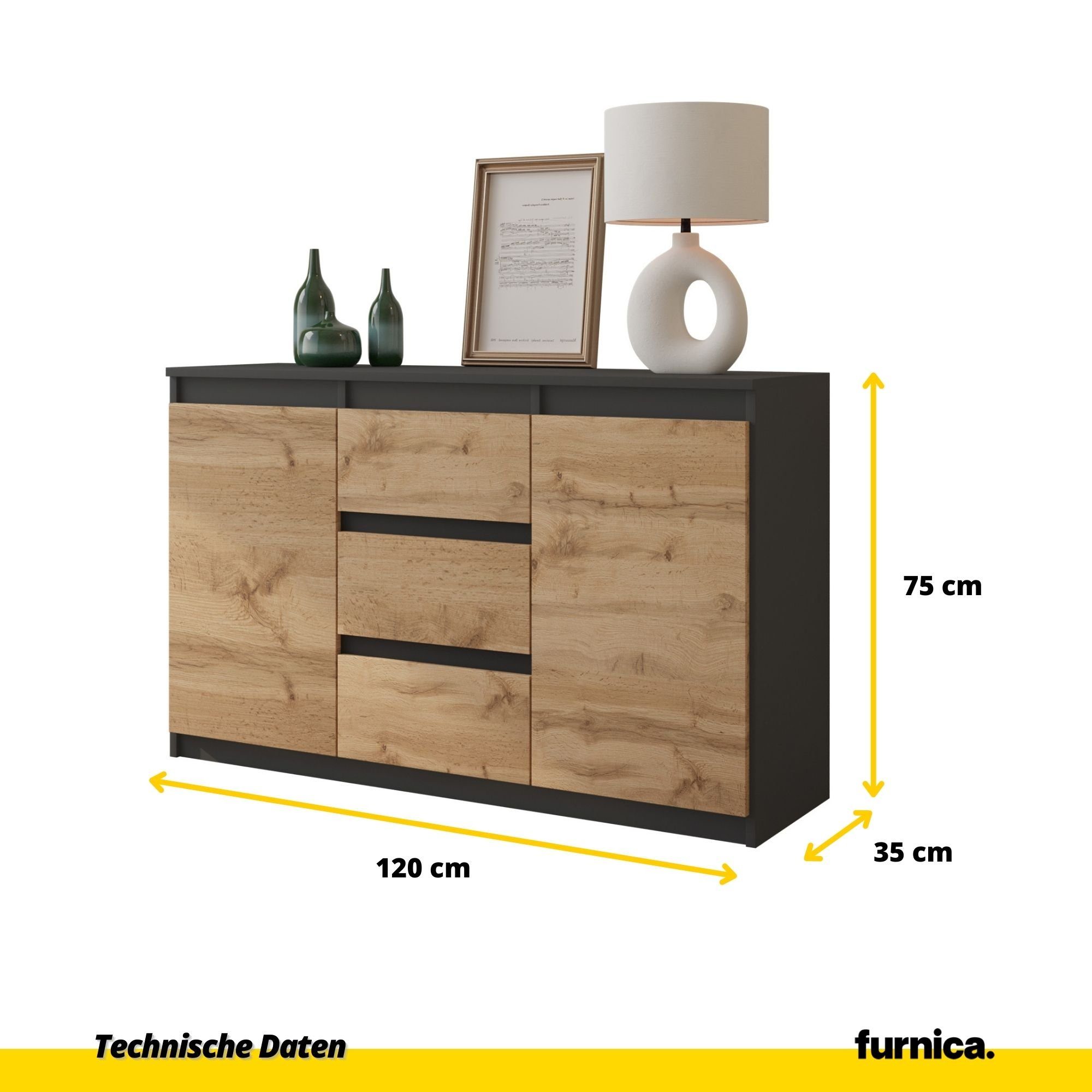 Furnica Kommode Sideboard 3 Schubladen und 2 Türen - Anthrazit Grau H75cm B120cm T35cm – Bild 2 von 5