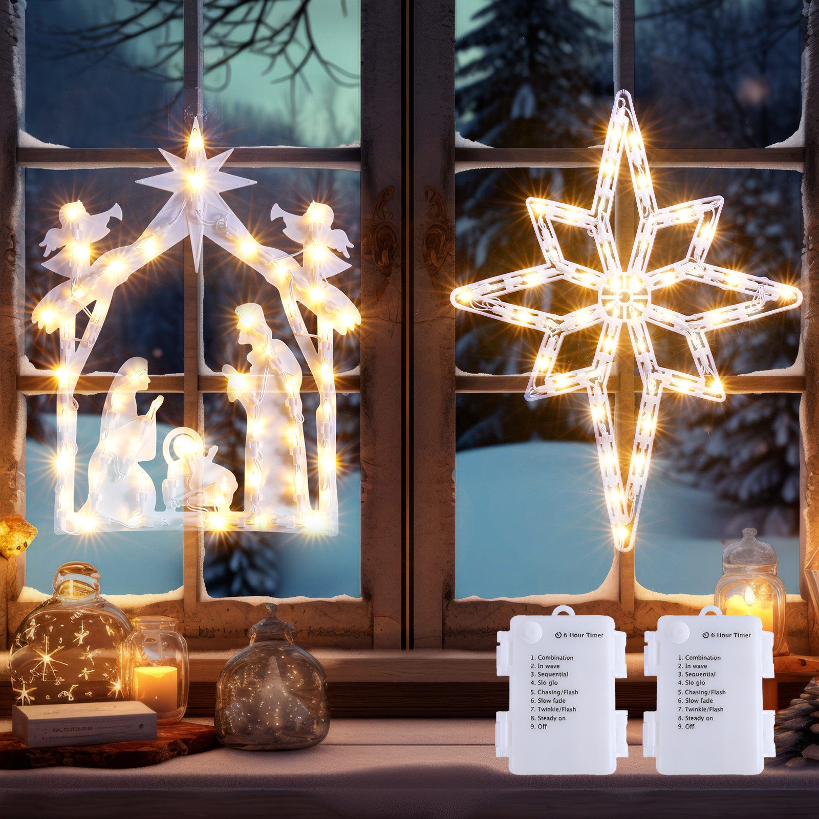 Elegear Weihnachtsfigur 43x33cm Weihnachtskrippe Lampe LED Weihnachtsdeko (mit Stern von Bethlehem, 2 St), Warmweiß Krippenfigur Dekolicht für Fenster/Party /Weihnachten