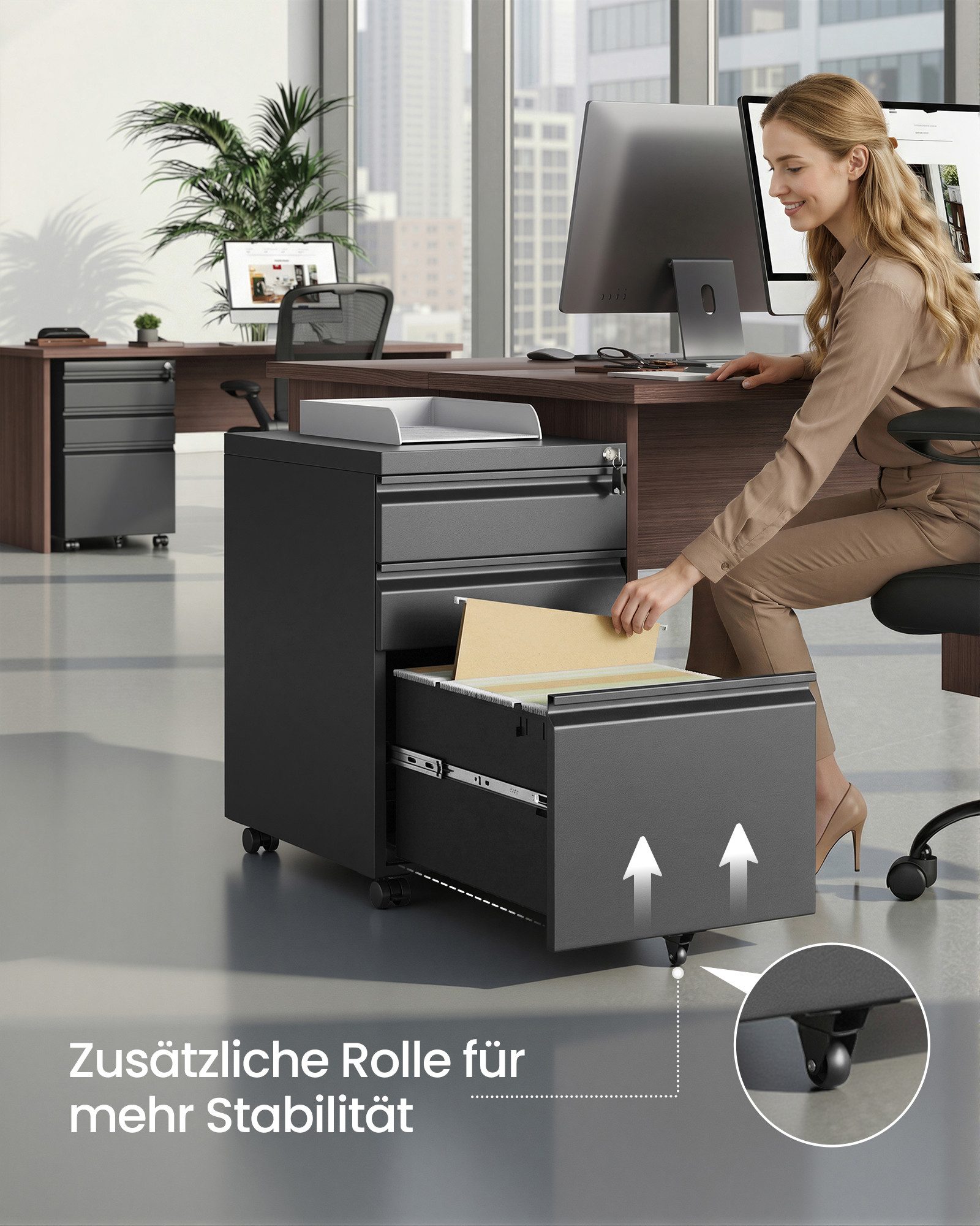 SONGMICS Rollcontainer Aktenschrank mit 3 Schubladen, Metallschrank, Stahl, abschließbar, Druckerständer, für Homeoffice, Büro