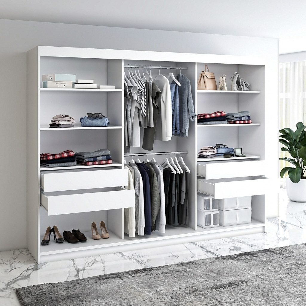A&J MöbelLand GmbH Schiebetürenschrank NORIVO 200 cm mit 4 Schubladen, und 3D Lamellen (TOP ANGEBOT! Geräumiger Schrank mit einer Breite von 200 cm ideal zur Aufbewahrung von Kleidung und Accessoires. 4 Schubladen und viel Stauraum. TOP PRODUKT! Wählen Sie das ideale Modell für Ihr Schlafzimmer!, Inclusive 4 Schubladen)