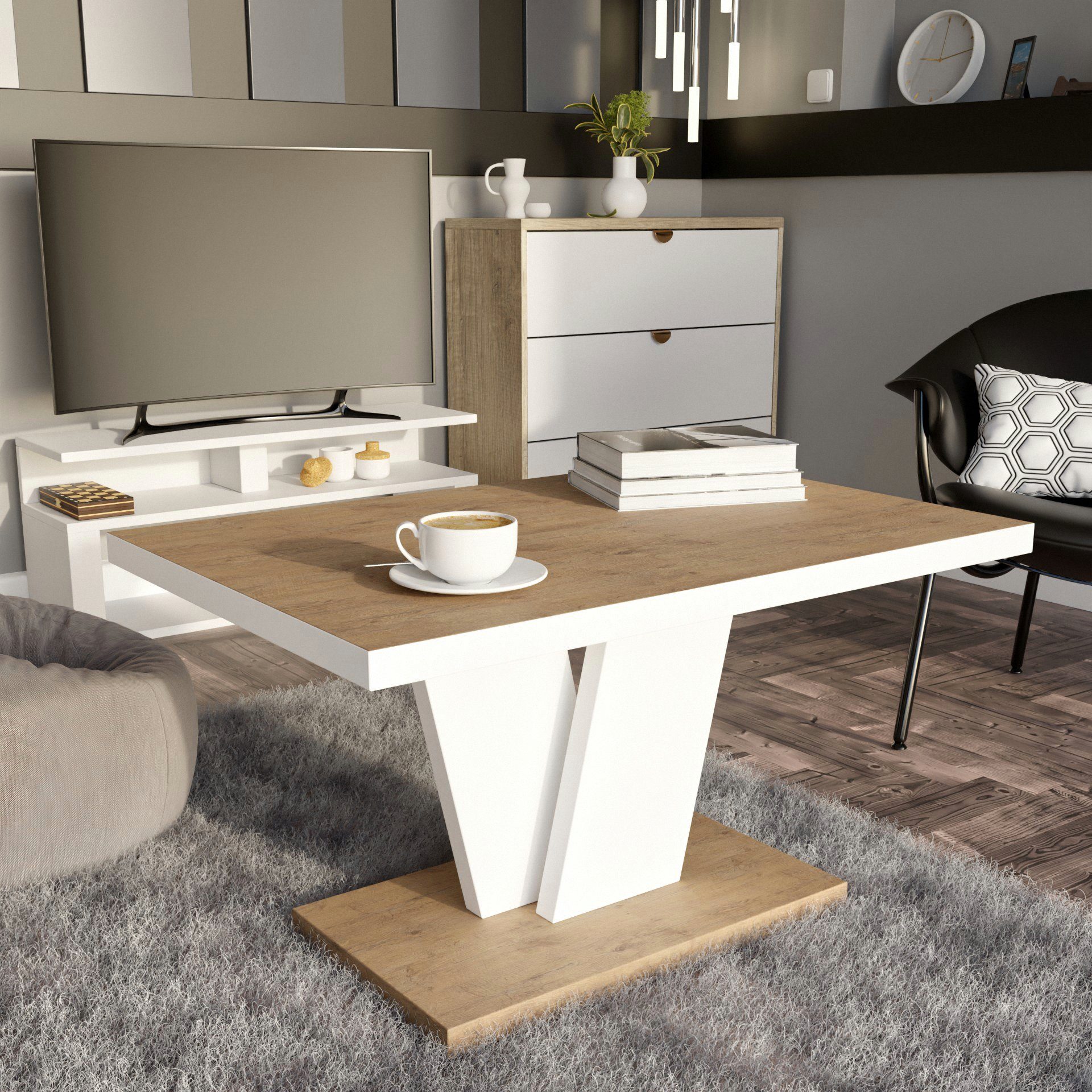 designimpex Couchtisch Design Couchtisch 90x60x50cm Tisch Eiche Weiß - Lancelot Hochglanz matt MA-222