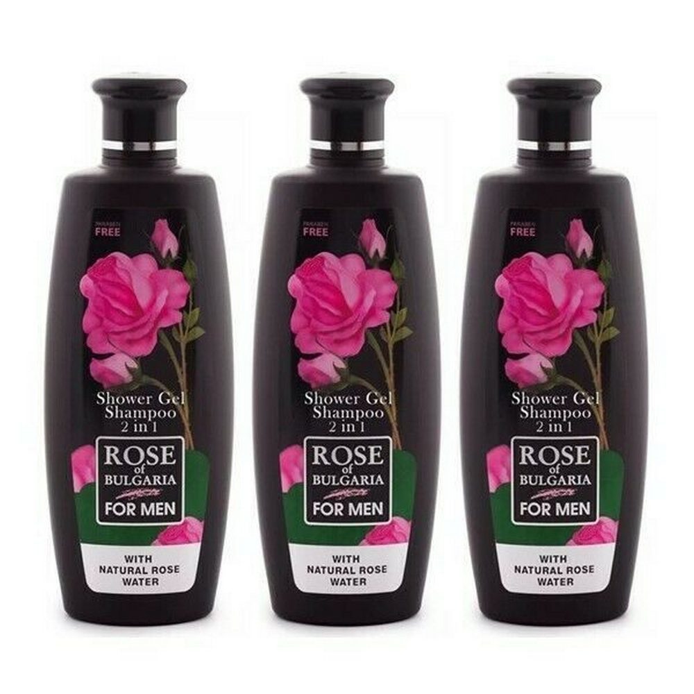 Biofresh Cosmetics Duschgel Rose of Bulgaria for Men 2in1 Shower Gel & Shampoo 3 x 330 ml, Mit Rosenwasser, Grüntee-Extrakt und Menthol