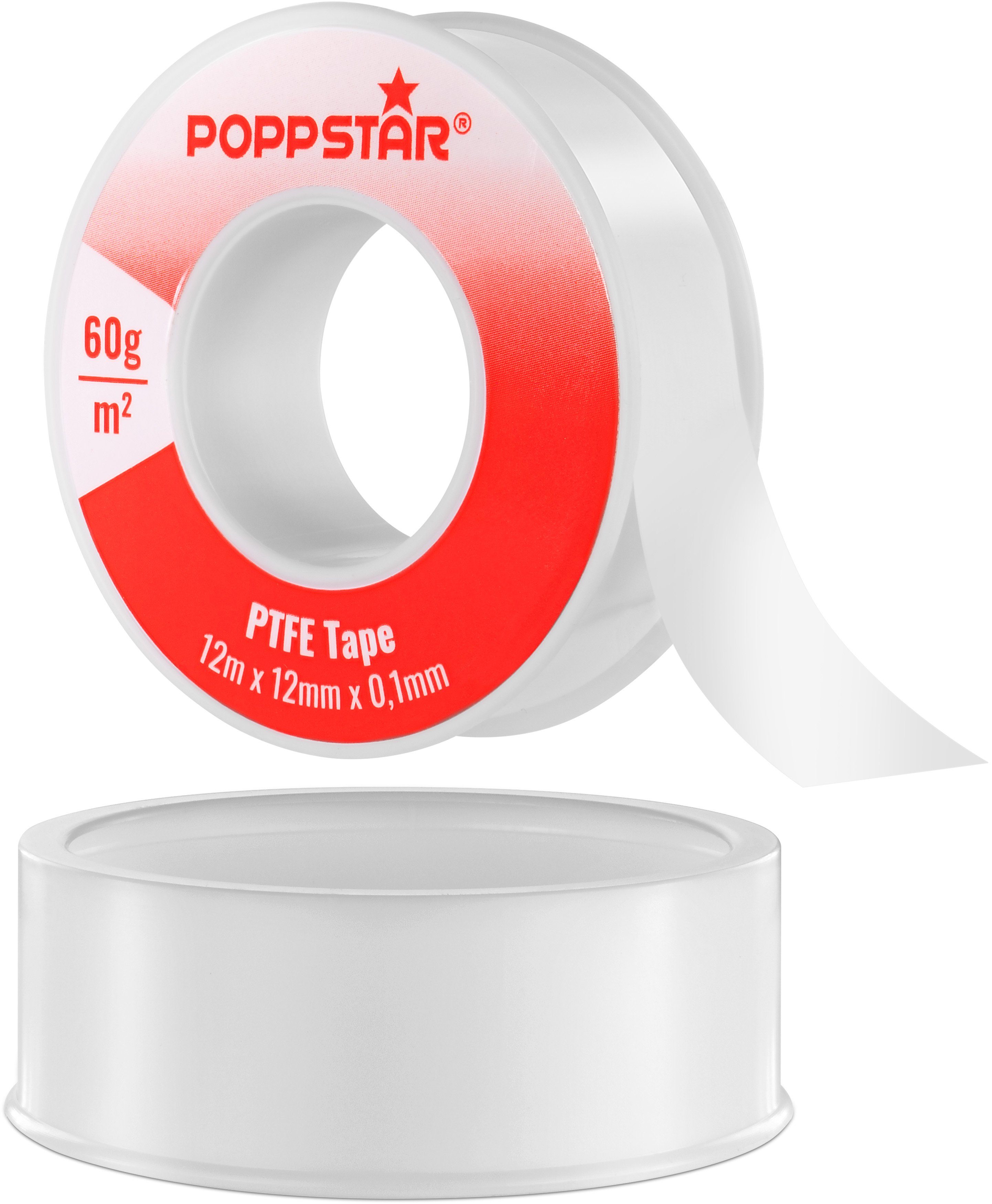 Poppstar Gewindedichtband PTFE für & x Gas Wasser-Abdichtung (1-St), Feingewinde, Teflon-Dichtband FRp x 12mm 60g/m² 0,1mm 12m für