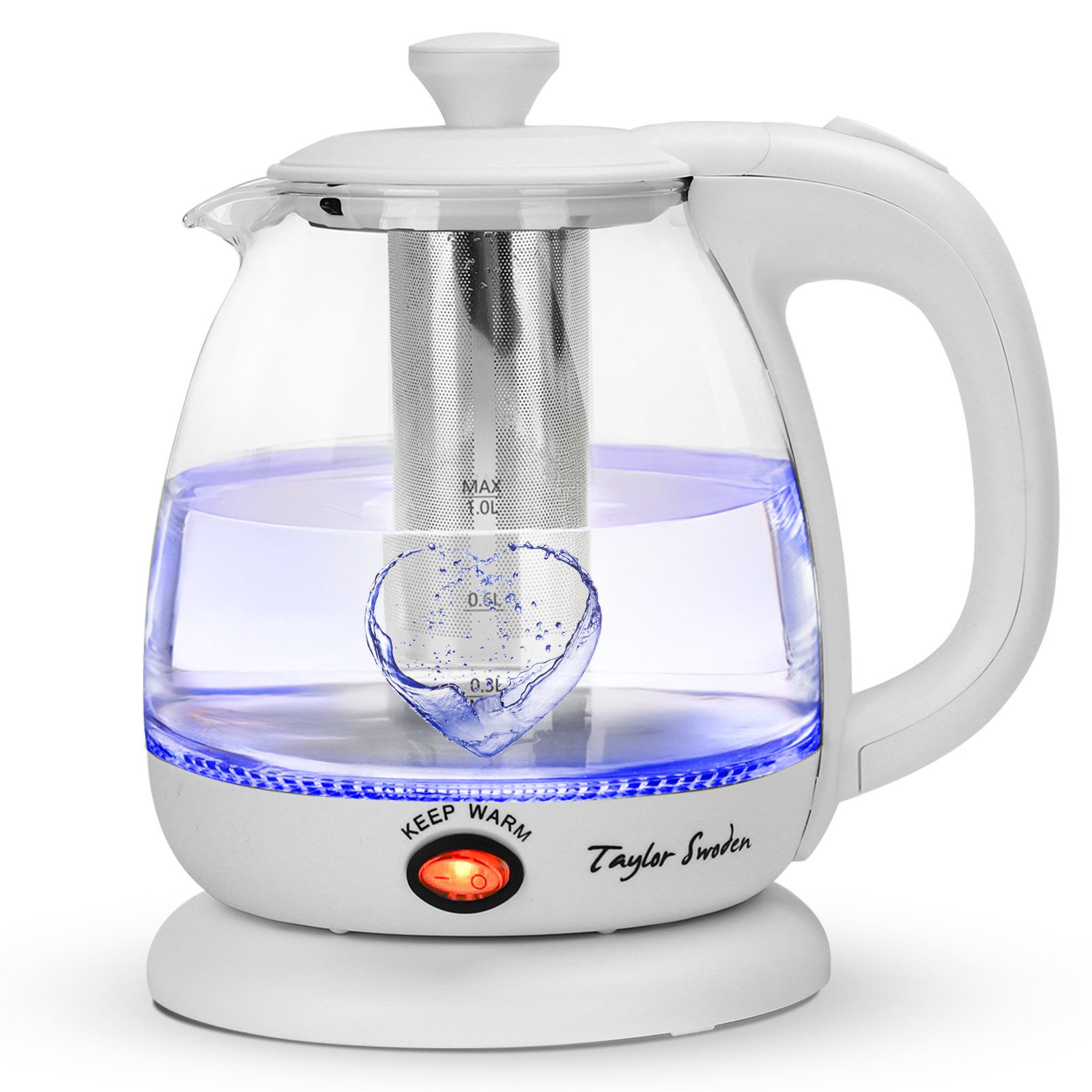 Taylor Swoden Елктрочайники Reisewasserkocher Glas Kleiner 1L, 2200W, Warmhaltefunktion, BPA-Frei, 1 l, 2200,00 W, Mit LED Leuchtanzeige, Abnehmbarer Filter, Trockener Kochschutz