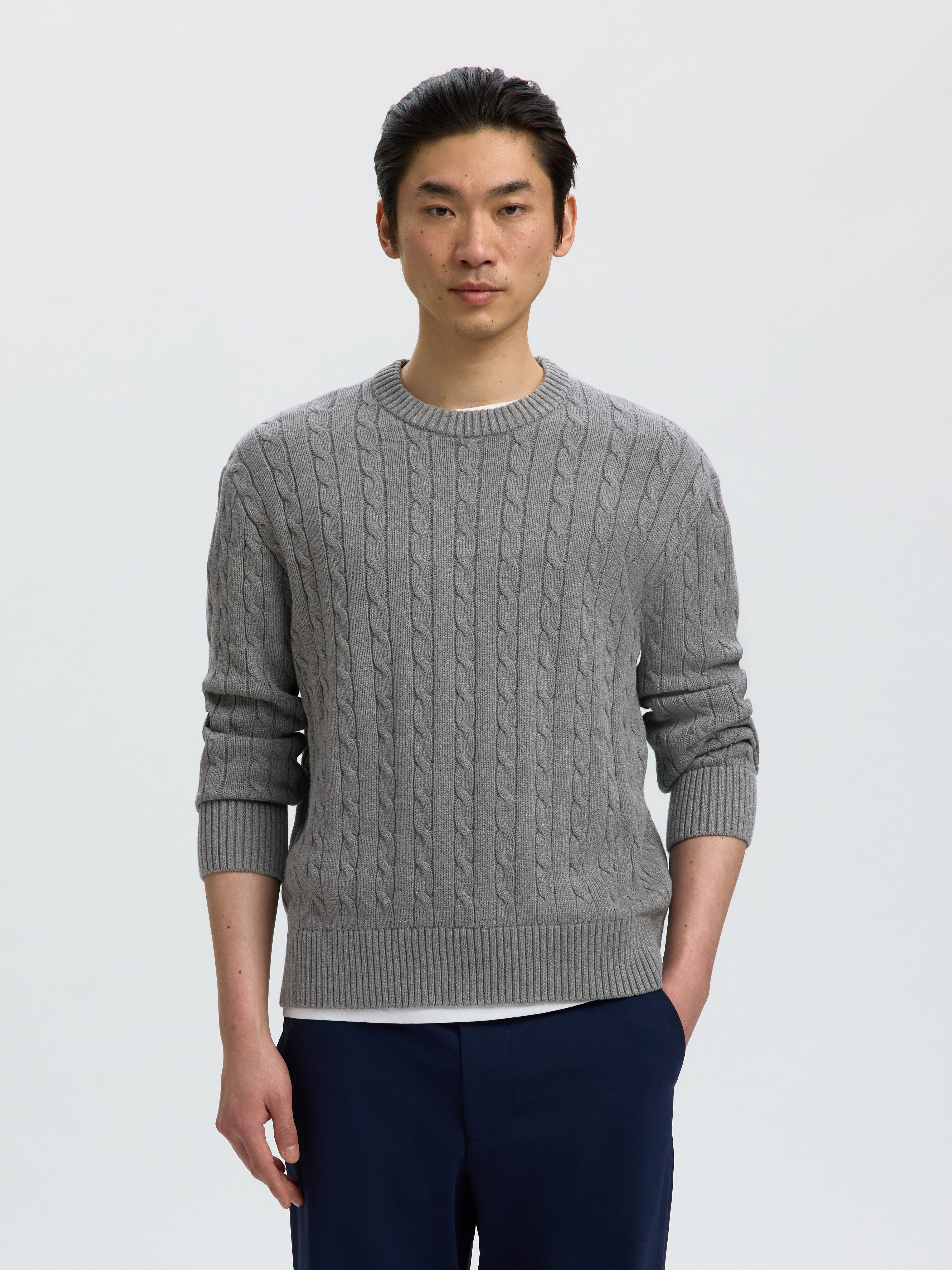 Selected Rundhalspullover SLMBRAUN KNIT CABLE CREW NOOS Baumwolle, relaxed fit