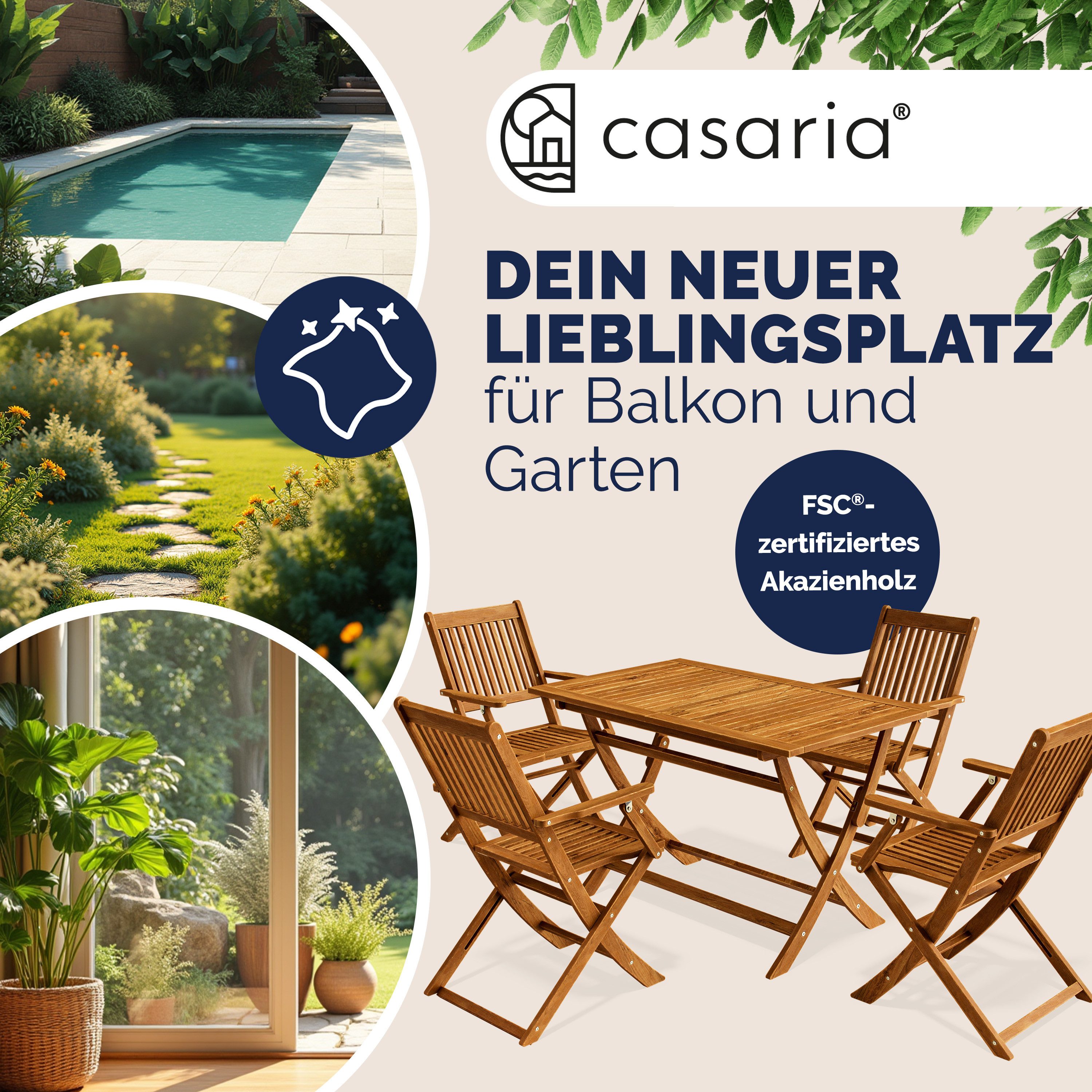 Casaria Garten-Essgruppe, (5-tlg), Gartenmöbel Set Neues Modell 2026 1 Tisch & 4 Stühle inkl. Armlehnen