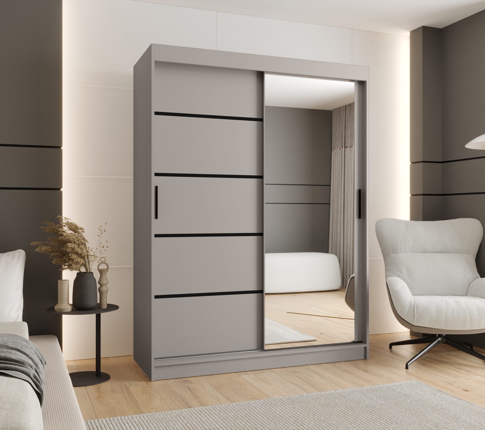 ABIKS MÖBEL Schwebetürenschrank RUBINO V 150 Schlafzimmerschrank mit Schiebetüren Kleiderstange Regale
