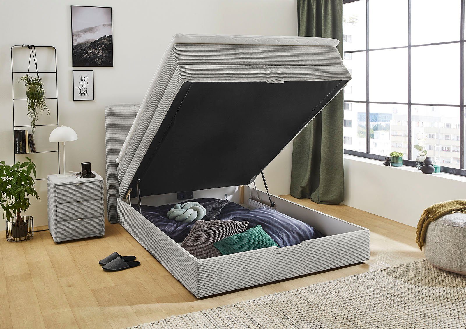 Jockenhöfer Gruppe Boxspringbett AMY in Cord, erhältlich in den Breiten 120cm & 140cm, mit Bettkasten & Topper