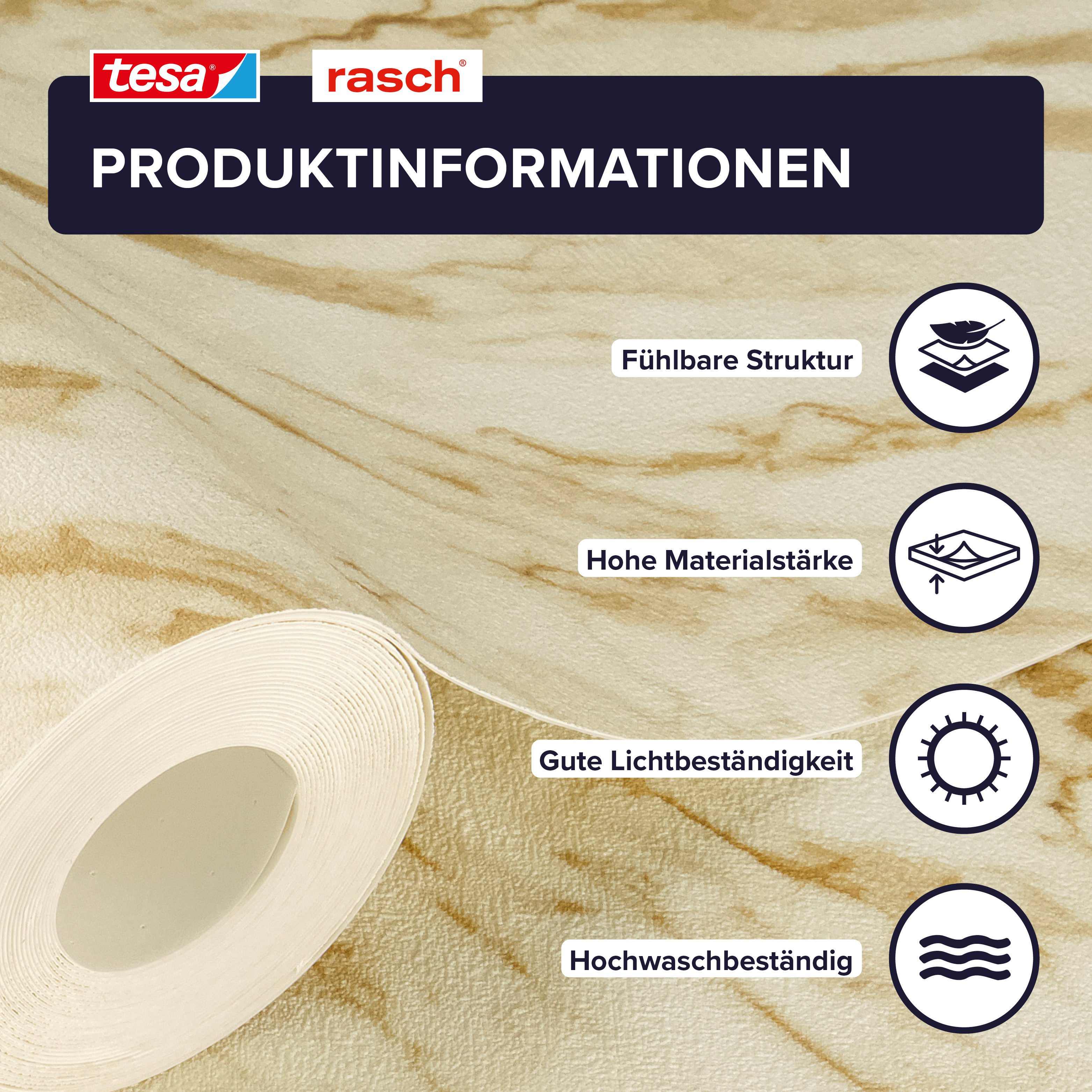 Rasch Vliestapete Carrara - Selbstklebende Tapete Marmoroptik von tesa® x rasch®, strukturiert, Marmor, (1 St), selbstklebend, 6,00m x 0,53m