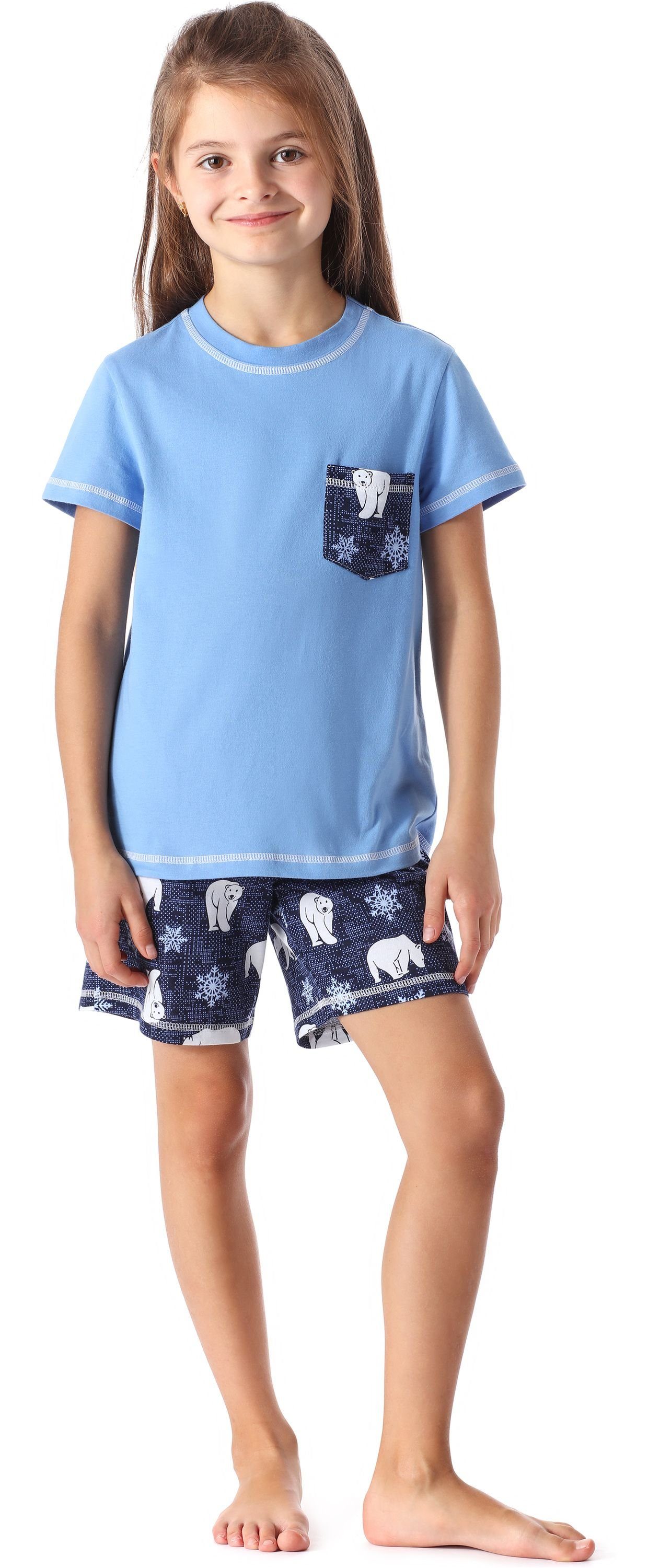 MS10-292 Schlafanzüge Baumwolle aus Pyjama Mädchen Style Schlafanzug Blau/Bär Set Kurz Merry