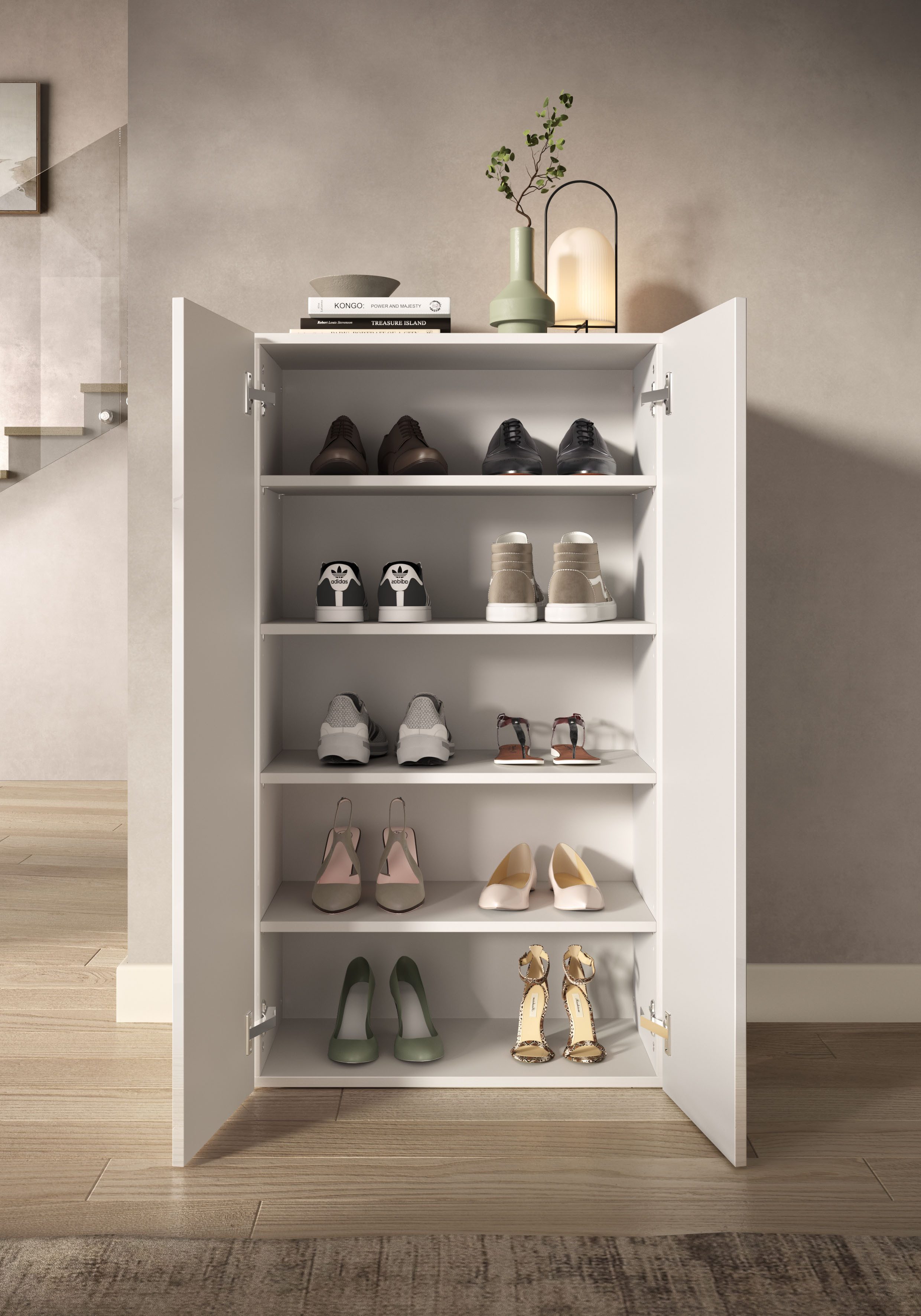 OTTO home Schuhschrank SMILE Breite 63 cm, Höhe 114 cm, Schuhregal mit 5 Ebenen, Schuhkommode in Weiss Hochglanz Lack – Bild 4 von 5
