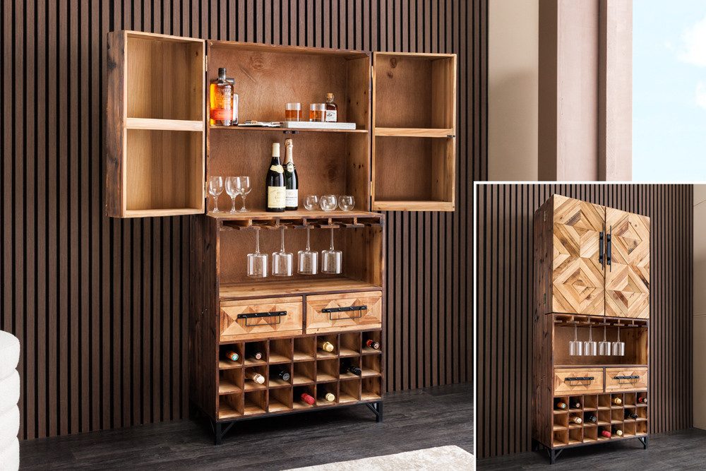 riess-ambiente Barschrank BODEGA 160cm natur - Pinienholz, Glashalter, Schubladen, handgefertigt (Einzelartikel, 1-St) Design Weinregal - ideal zur Unterbringung von Flaschen und Vorräten