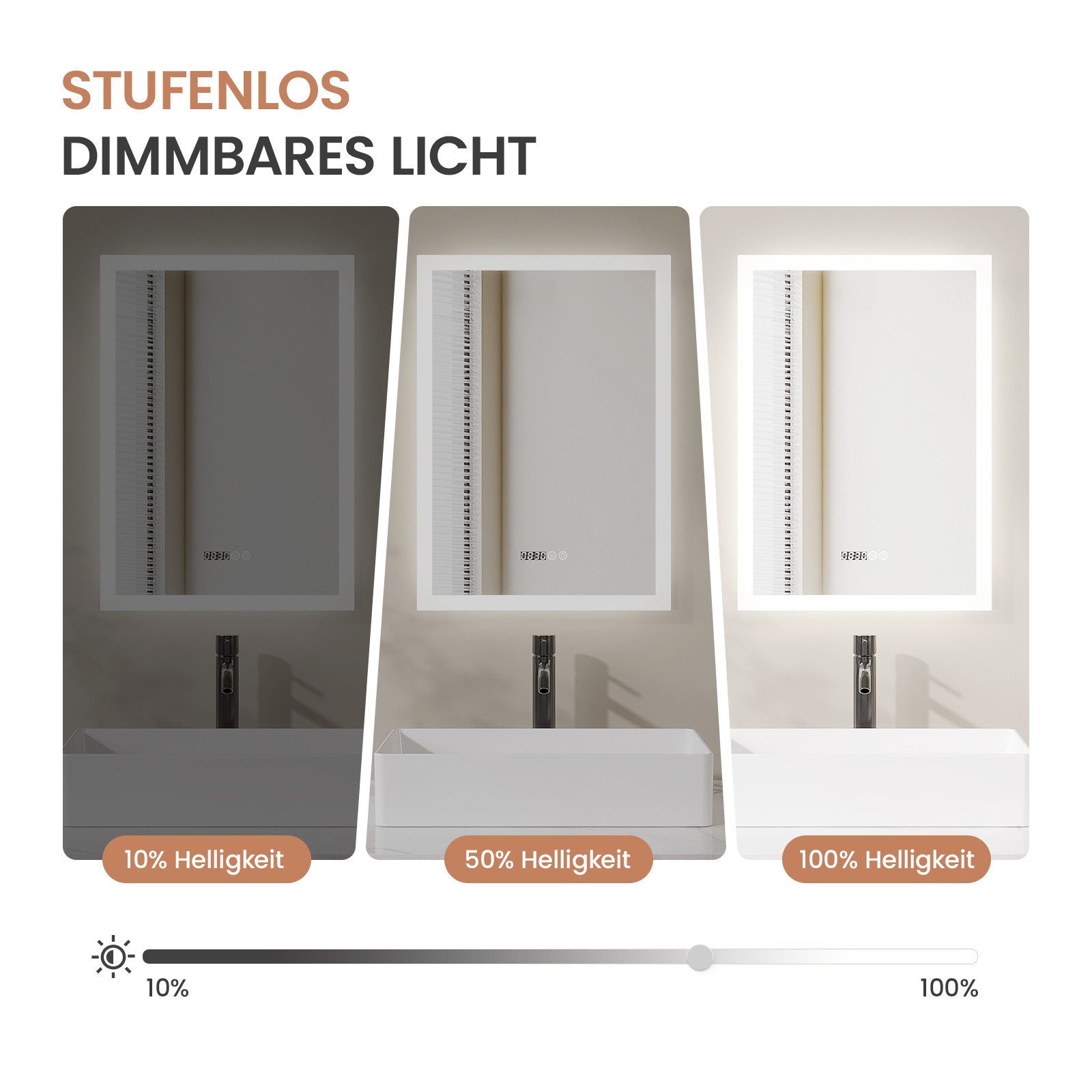 AQUALAVOS Badspiegel LED-Badspiegel 50x70 cm dimmbar Touchsensor Antibeschlag Wandmontage, Mit/ohne Uhr Speicherfunktion Ultraflach Energiesparend Sicher für Ba – Bild 3 von 5
