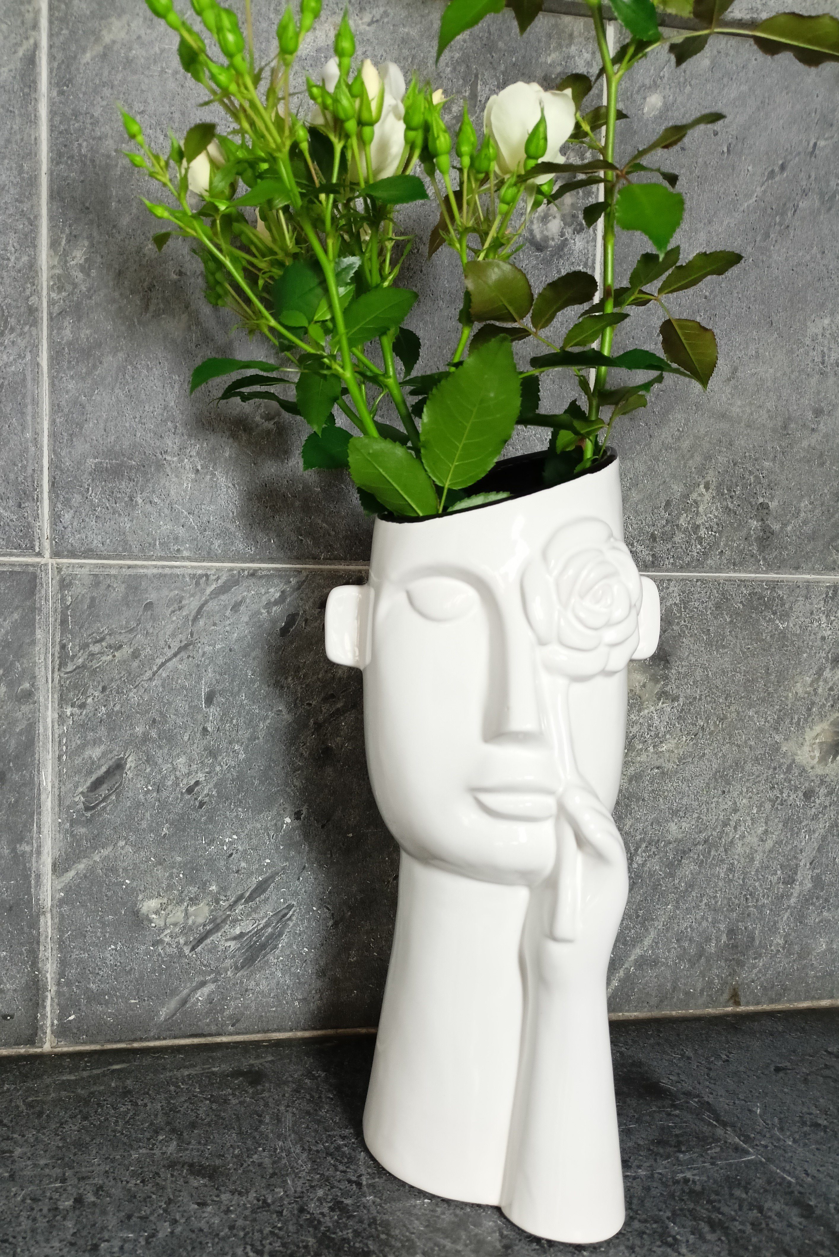 GlasArt Dekovase Keramik-Gesichtsvase weiße Blumenvase Blume Büste Keramik 32x15cm