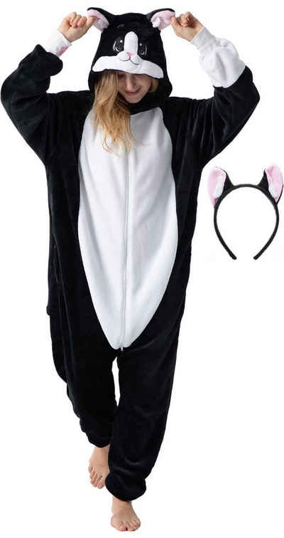 Corimori Partyanzug Flauschiges Katzen-Kostüm für Erwachsene, Onesie Jumpsuit für Damen und Herren, schwarz-weiß, Fasching, Karneval