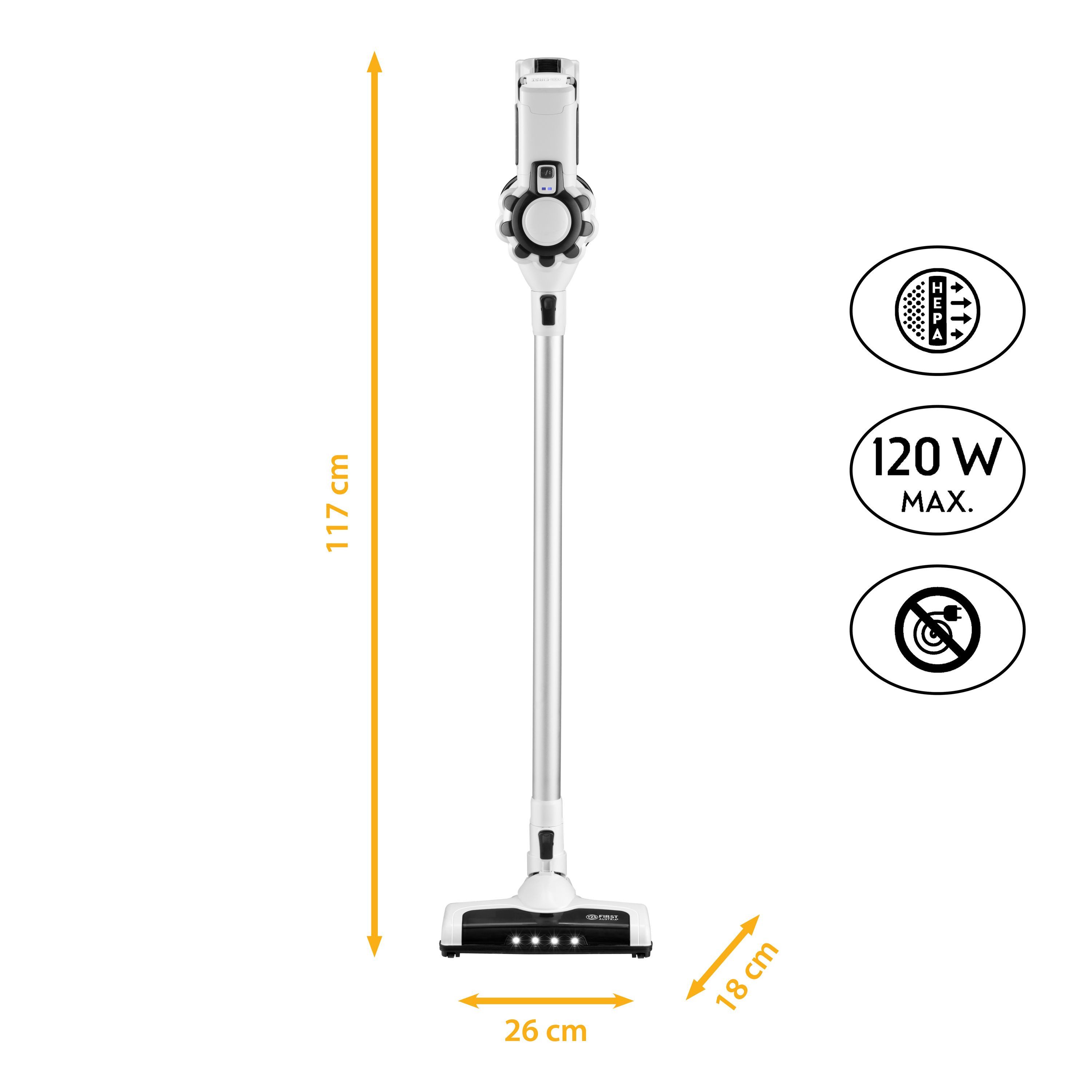 TZS FIRST AUSTRIA Akku-Stielstaubsauger 2-in-1 Akku Staubsauger, Kabellos, 120 W, 2200 mAh, LED Beleuchtung, 120 W, Beutellos, 2 Saugstufen, Handstaubsauger, Staubsauger, Beutellos
