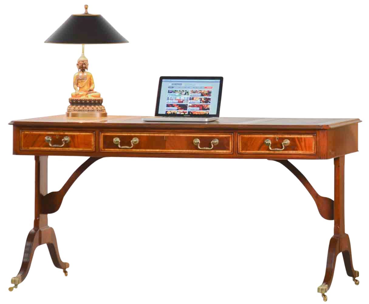 Kai Wiechmann Schreibtisch Bureau Plat Mahagoni 156 cm, hochwertiger Bürotisch, Writing Table mit Lederschreibeinlage, beidseitig verwendbar