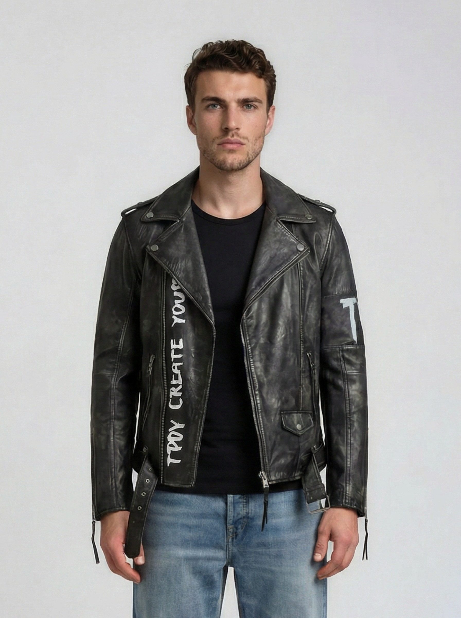 trueprodigy Lederjacke Russell mit Vintage Optik, Print und Used Look