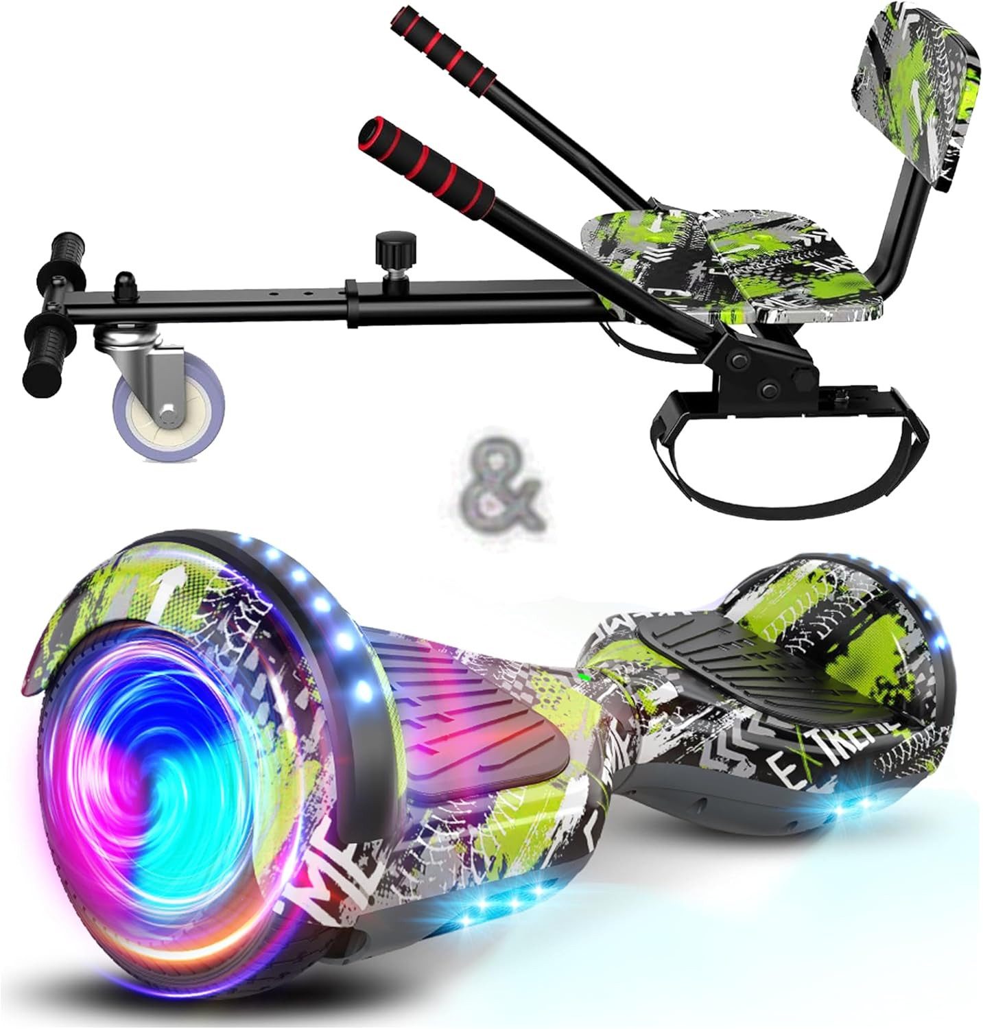 SISIGAD Balance Scooter Kart HY-A02 6,5 Zoll Dualmotorräder, Hoverboard mit kart,LED, Bluetooth, 10 km/h, Ховерборды mit Sitz&LED-Licht und Bluetooth