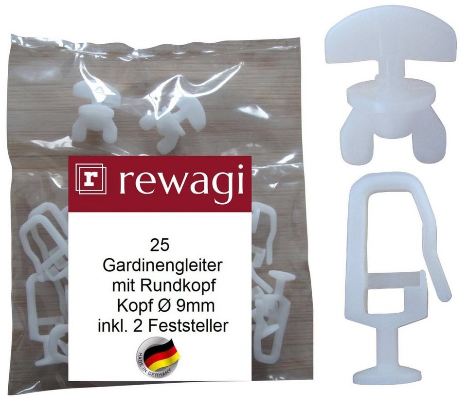 Gardinengleiter 25, 50, 100 Gardinengleiter mit Rundkopf Ø 9mm &  Feststellern 2,4,6, rewagi, Gardinen, Vorhänge, Gardinenstange,  Gardinenschienen, Innenlaufsysteme, (25, 50, 100 Gardinengleiter mit  Rundkopf Ø 9 mm & 2, 4, 6 Feststelle)