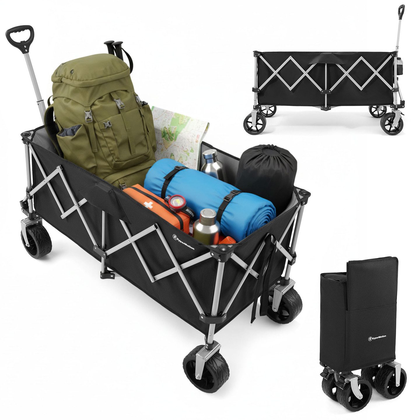 HyperMotion Bollerwagen HyperMotion XXL Bollerwagen faltbar 250 L 100 kg Schwarz/Silber (1 foldable wagon + 1 carrying/storage cover), Foldable design with 250 L capacity and 100 kg load capacity