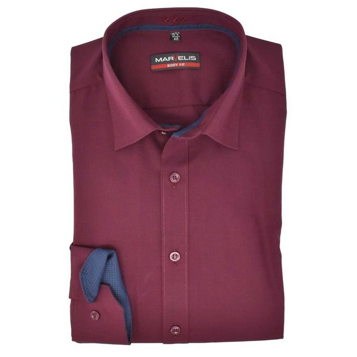 MARVELIS Businesshemd Businesshemd - Body Fit - Langarm - Einfarbig - Bordeaux mit Besatz