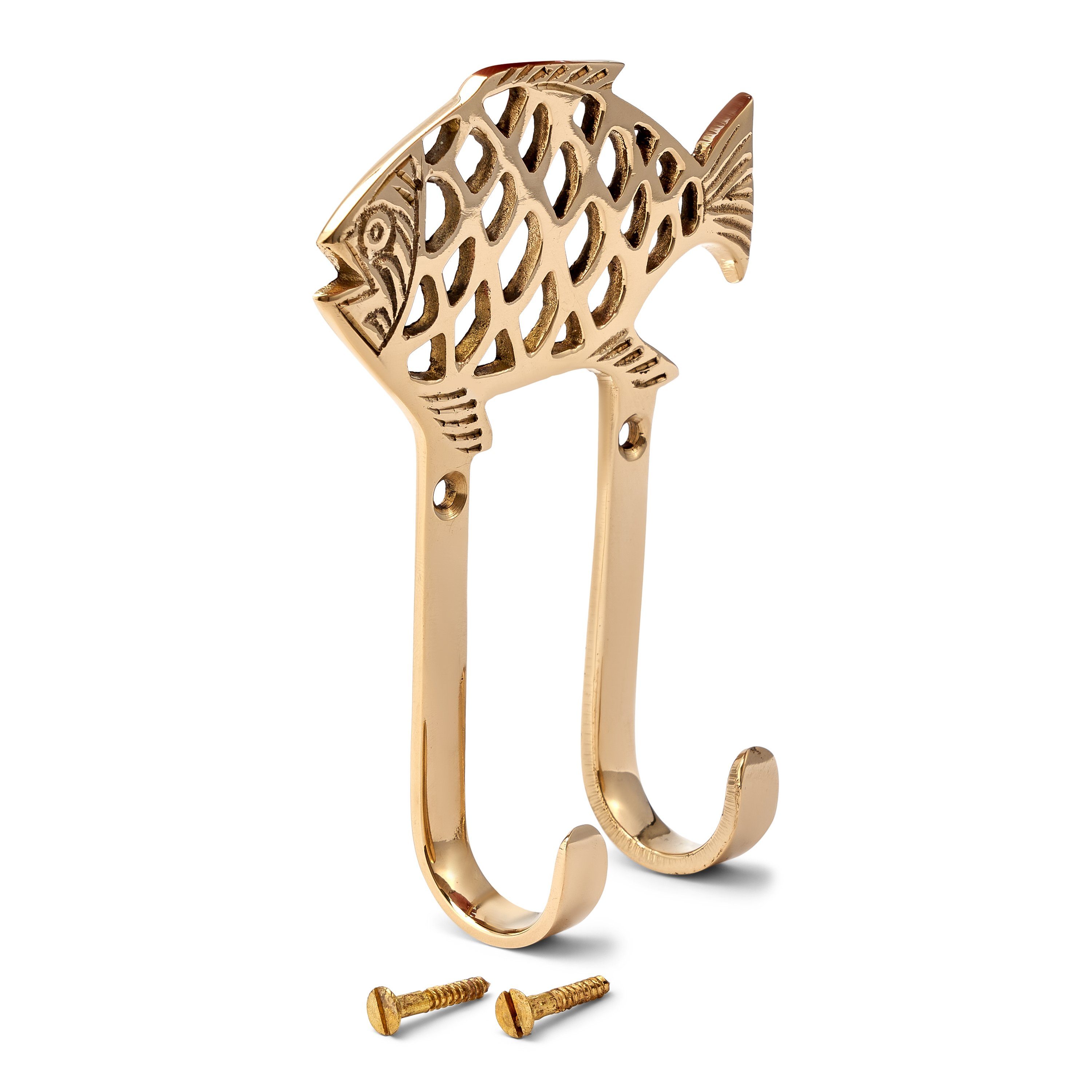 NKlaus Wandhaken Maritim Haken Fisch zweifach aus Messing gold 8x11x3cm Kleiderhaken D, Schlüsselhaken, Handtuchhaken