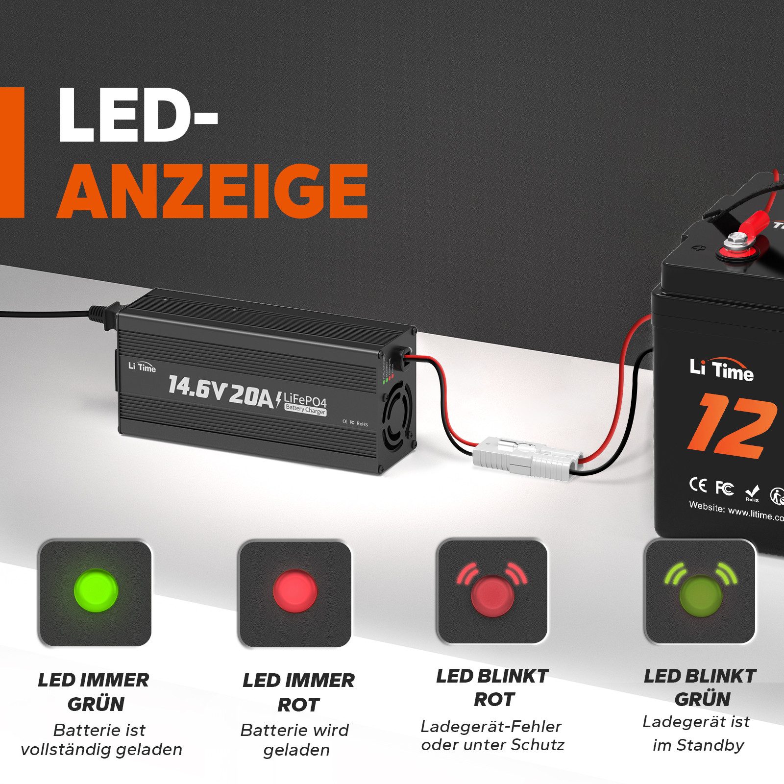 LiTime LiTime 14.6V 20A Lithium Batterieladegerät Akku-Set (14.6 V, 1 St), Geeignet für LiTime 12V LiFePO4 Lithium Batterie