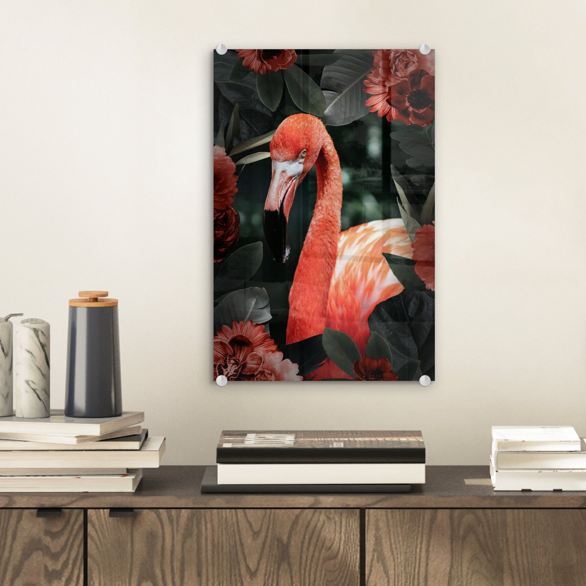 - Glasbilder - Glas Wanddekoration Bilder Blume, St), - MuchoWow Foto Flamingo auf Acrylglasbild bunt Wandbild Glas (1 - Rot auf -