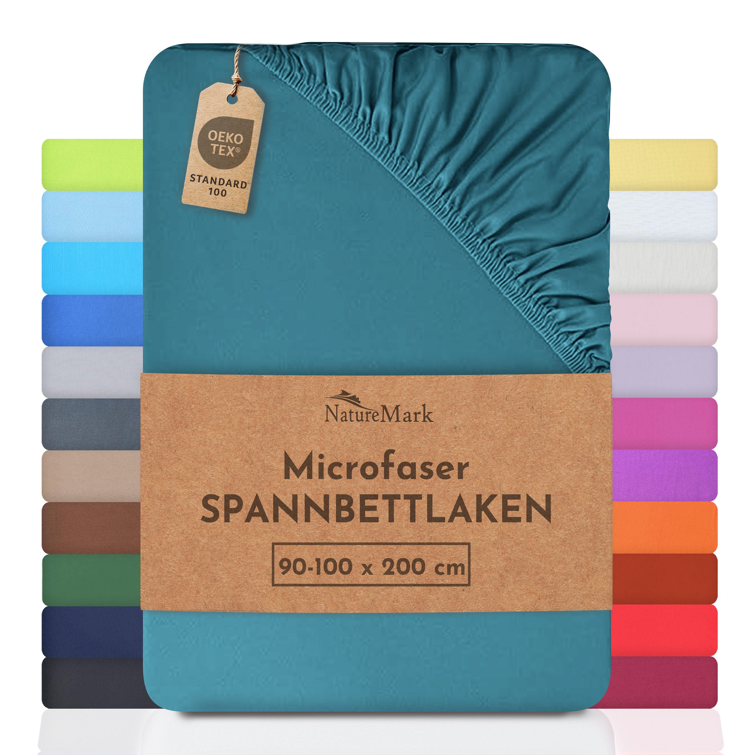NatureMark Spannbettlaken Mikrofaser Spannbetttuch, Polyester, Gummizug: rundum, viele Größen und Farben Markenware, 90x200cm, Petrol