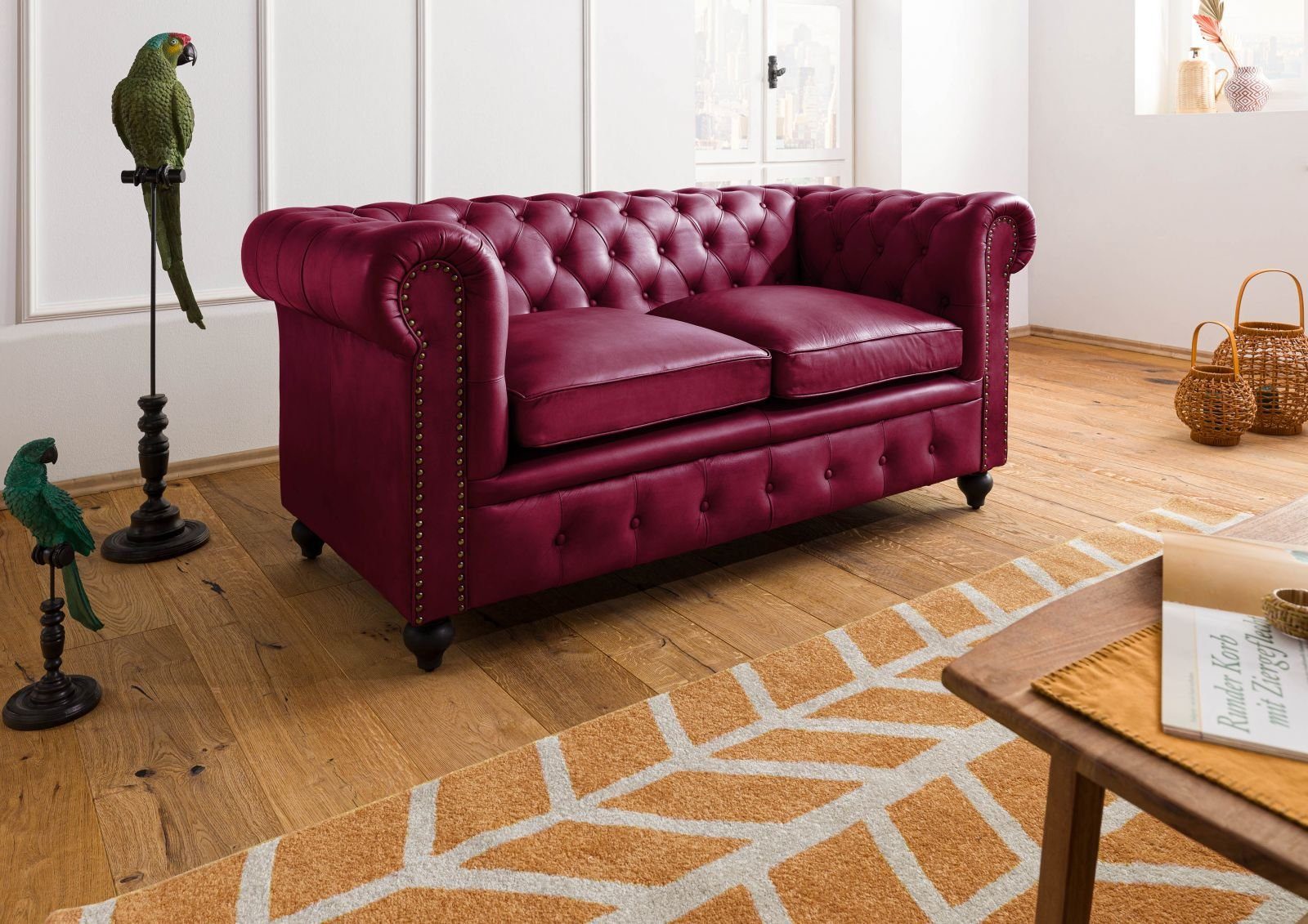 Massivmoebel24 Sofa CHESTERFIELD, Sofa 2-Sitzer Echtleder 158x82x75 rot CHESTERFIELD #402