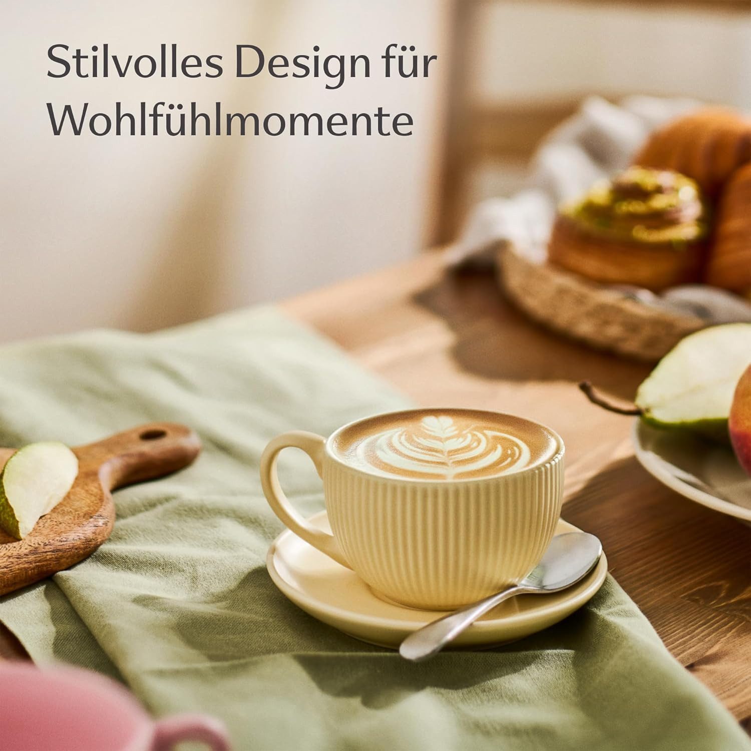 Cosumy Cappuccinotasse Cappuccinotassen mit Untertassen - 6er Set - 200ml, 12-tlg., Keramik, matt - spülmaschinenfest - mikrowellengeeignet - modernes Design