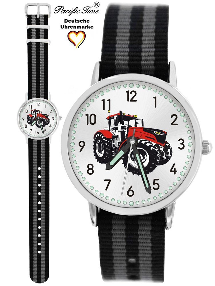 Pacific Time Quarzuhr Kinder Armbanduhr Traktor rot Wechselarmband, Mix und Match Design - Gratis Versand schwarz grau gestreift