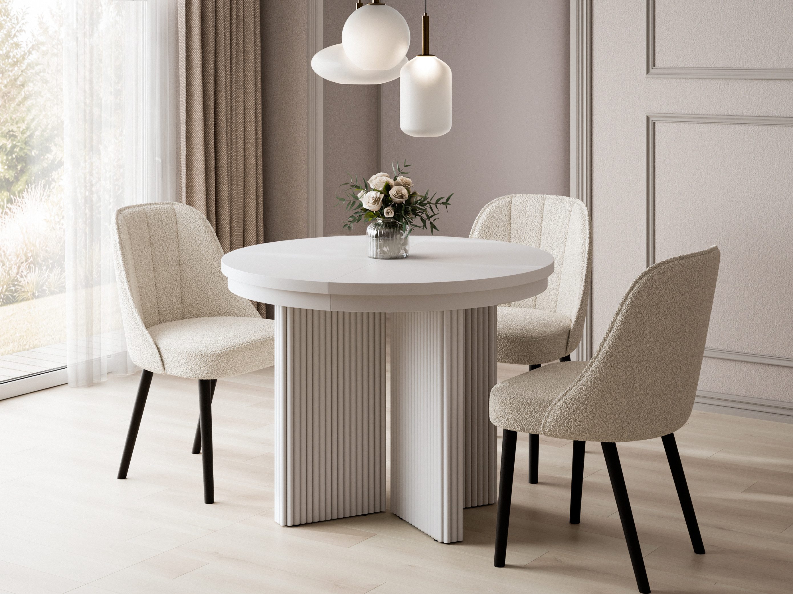 Compleo Esstisch rund mit Lamellenfuß, Moderner Designer-Esstisch SELVIO, Ausziehbar, Verschiedene Farben zur Auswahl