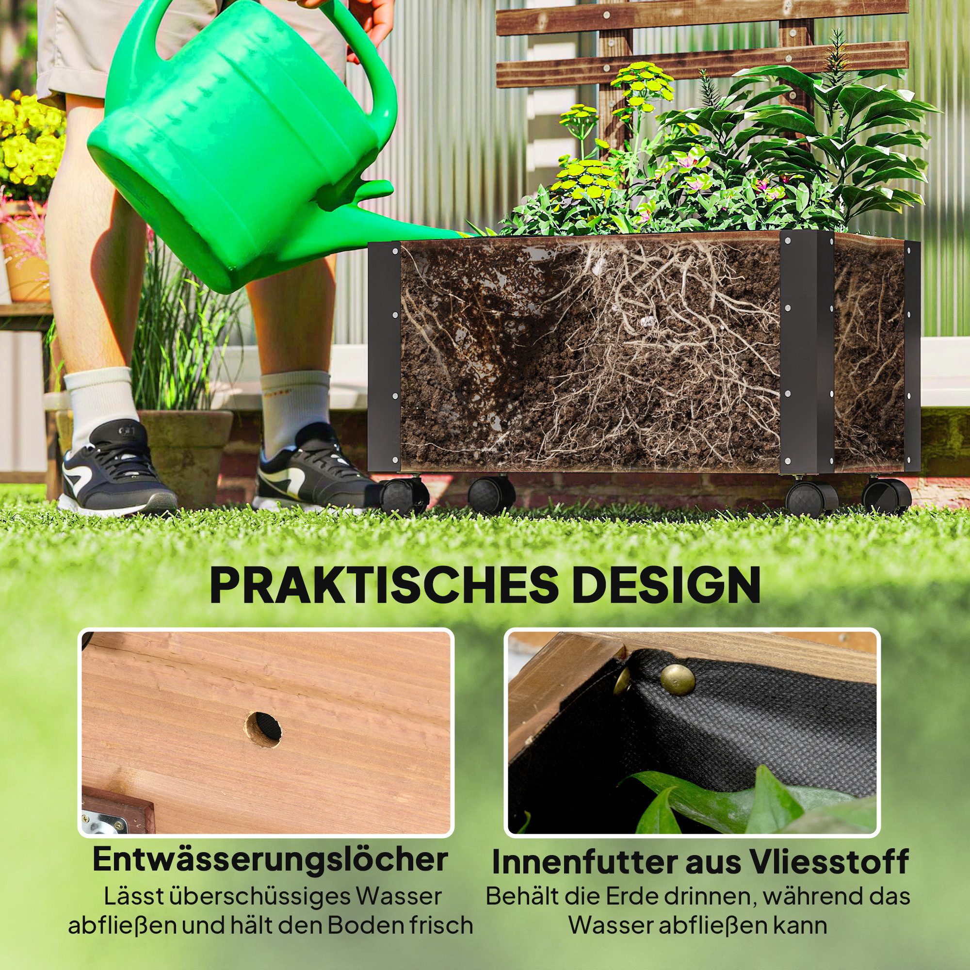 Outsunny Hochbeet mit Rankhilfe, 4 Rollen (Blumenkasten, 1 St., Kletterpflanzenbeet), für Garten, Balkon, Verkohlt