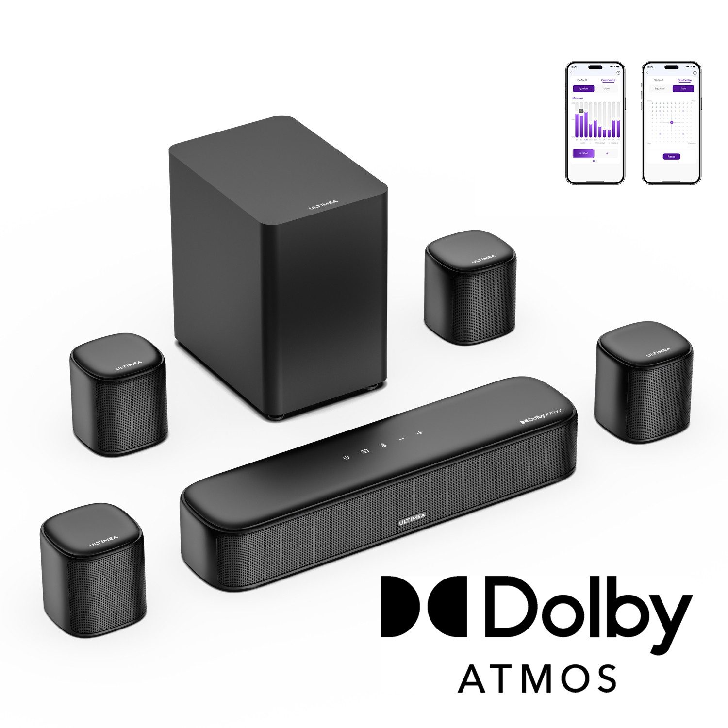 Ultimea Aura A60 Soundbar 7.1-Kanal Dolby Atmos (HDMI eARC, Bluetooth 5.3, 350 W, App-Steuerung, Mit 4 Surround-Lautsprechern & 1 verkabelter Subwoofer)