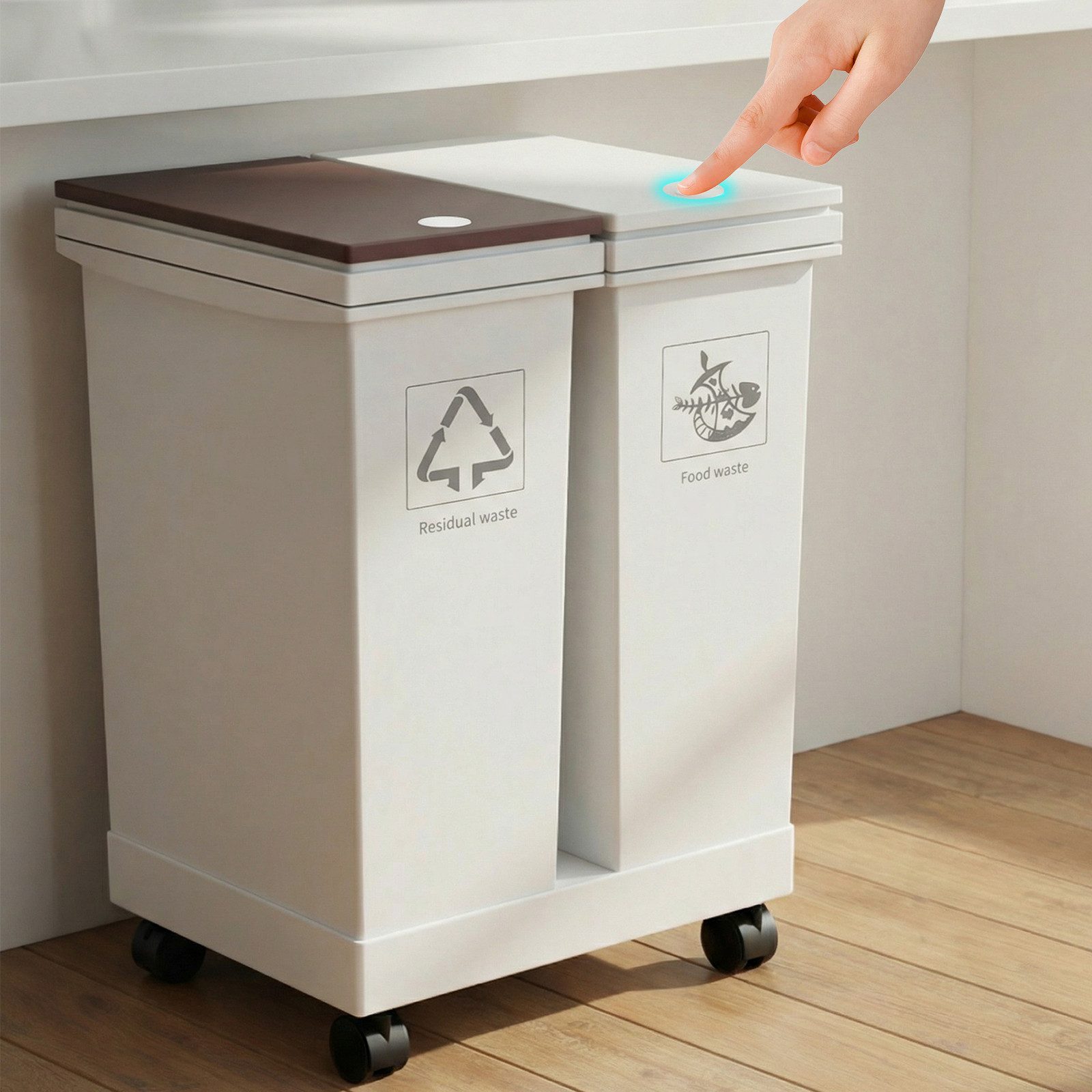 BlingBin Mülleimer 3-teiliges Küchenabfalltrennsystem, 3 x Mülleimer mit Deckel, mit Rollenbasis, Druckschalter, geruchsdicht, aus PP-Kunststoff