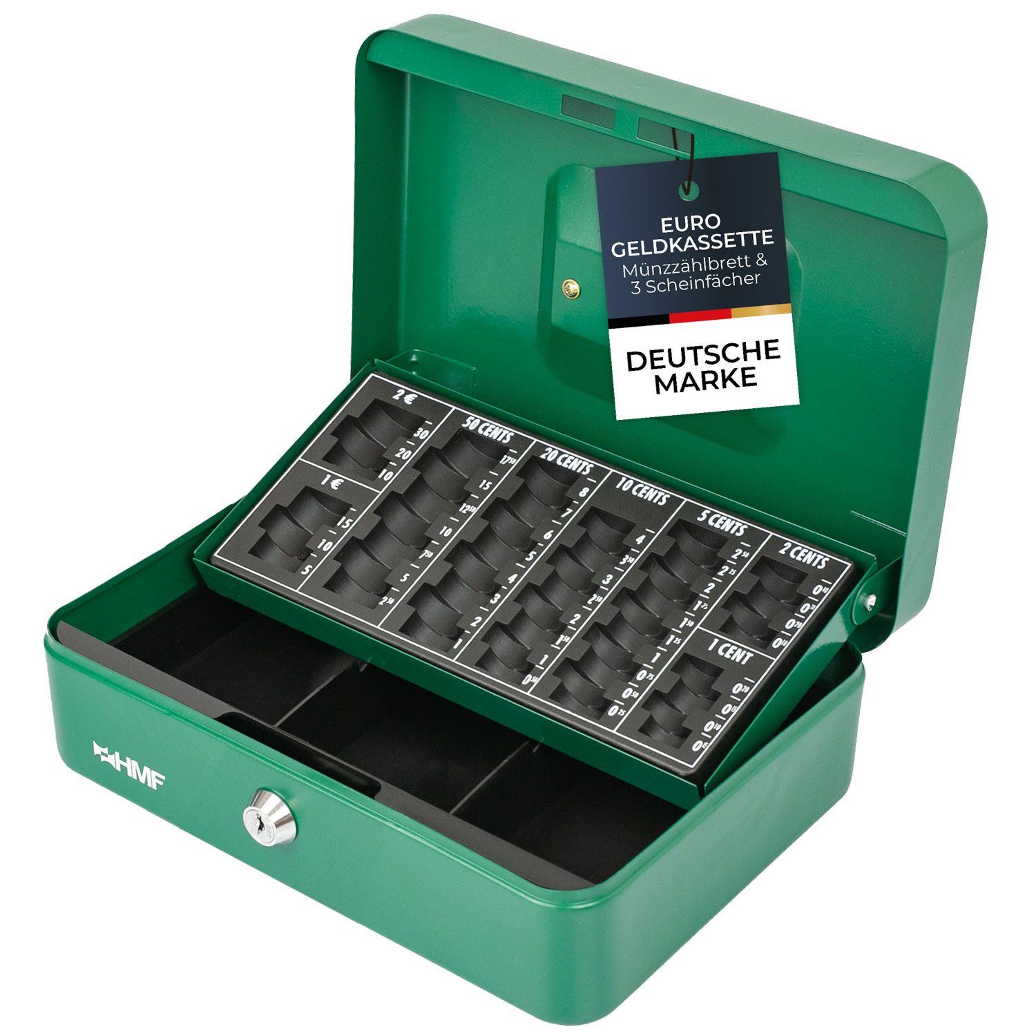 HMF Geldkassette Bargeldkasse mit herausnehmbarem Münzzählbrett und Scheinfach, robuste Geldbox mit Schlüssel, 25 x 18 x 9 cm, grün