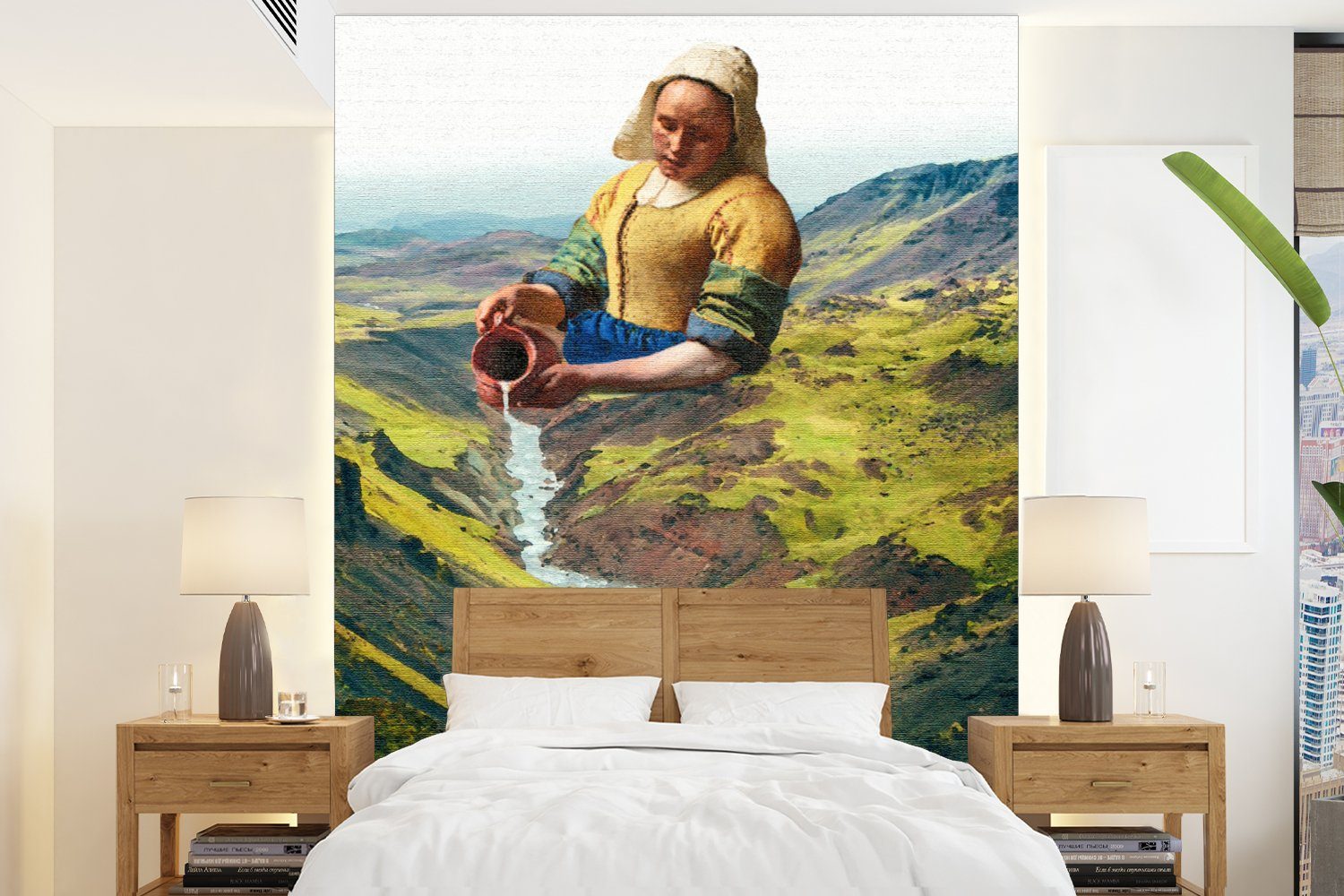 MuchoWow Fototapete Milchmädchen - Vermeer - Berge, Matt, bedruckt, (4 St), Montagefertig Vinyl Tapete für Wohnzimmer, Wandtapete