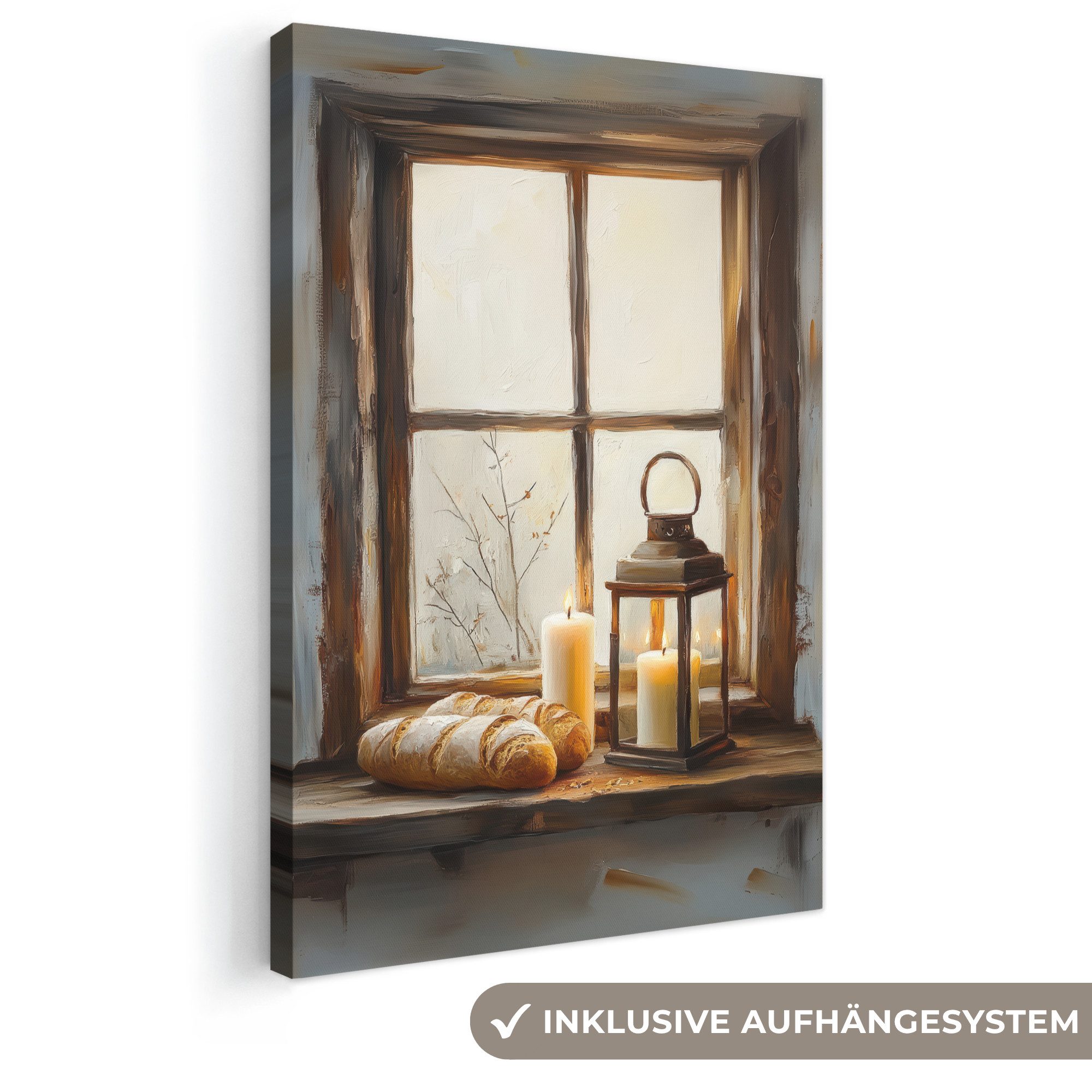 OneMillionCanvasses® Leinwandbild Stilleben - Rustikal - Kerzen - Brote - Fenster, Fotodruck (1 St), Leinwand Canvas Wandbild, Wanddekoration 20x30 cm