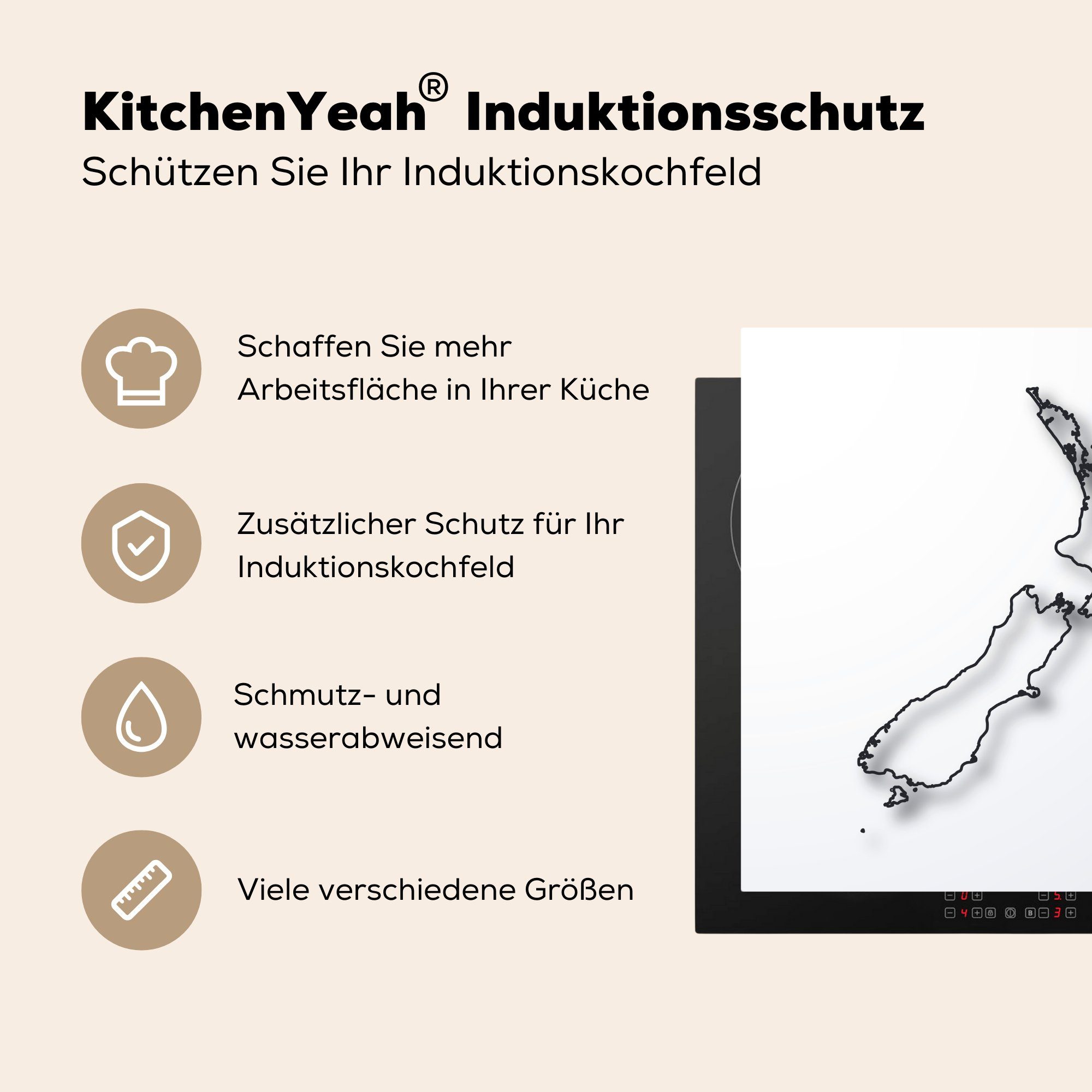 von der schwarzen MuchoWow Eine einer tlg), Ceranfeldabdeckung, cm, Vinyl, Linie, Neuseeland Arbeitsplatte Herdblende-/Abdeckplatte Illustration küche für (1 mit Karte 78x78