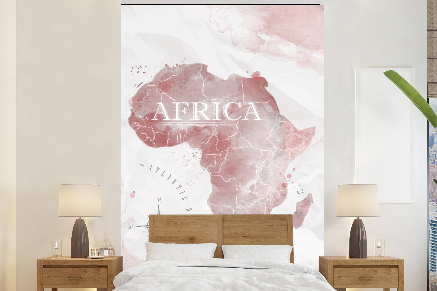 MuchoWow Fototapete Karte - Afrika - Aquarell - Kompass, Matt, bedruckt, (3 St), Montagefertig Vinyl Tapete für Wohnzimmer, Wandtapete