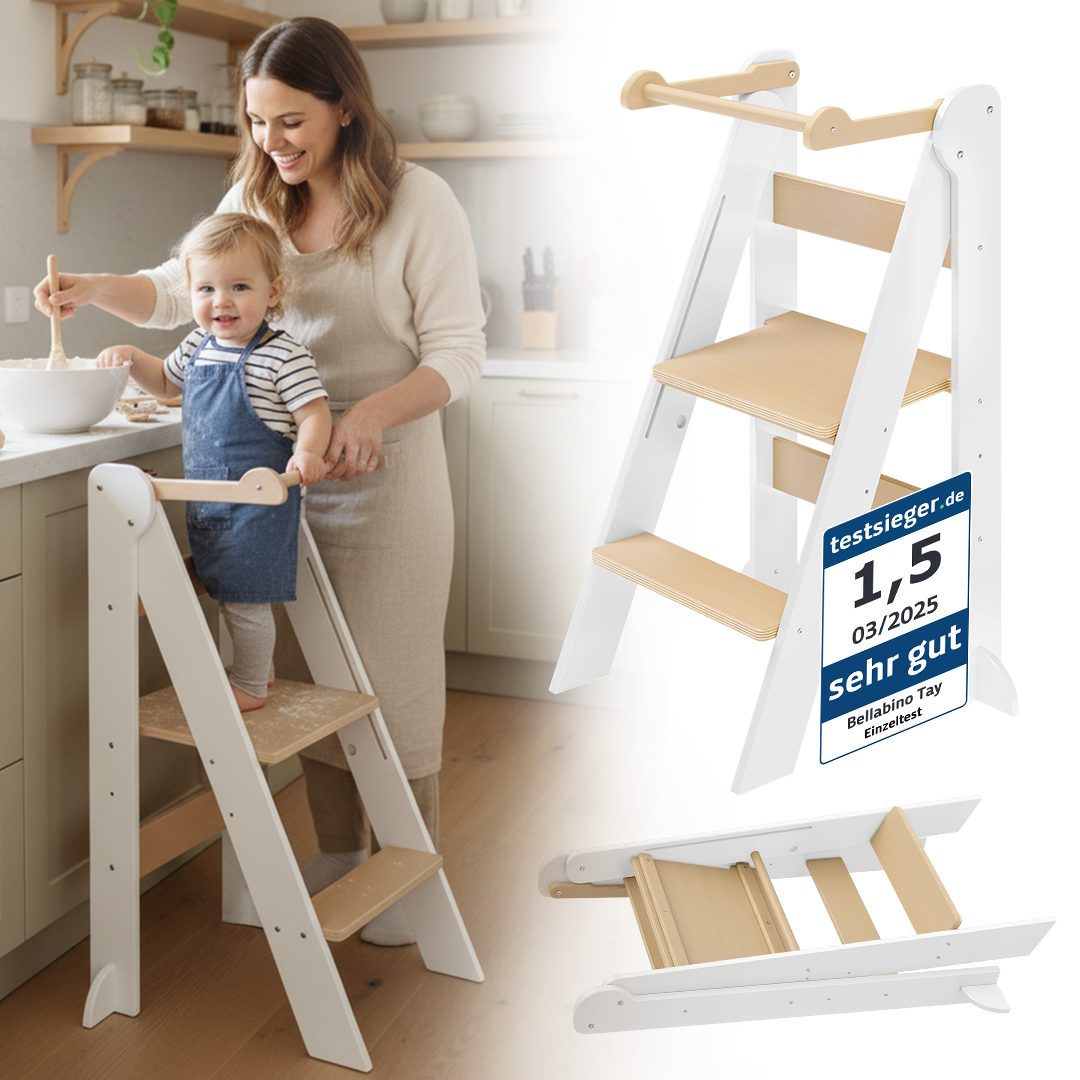 Bellabino Stehhilfe Tay 2-Fach höhenverstellbar & klappbar, mit Kippschutz, ab 1 Jahr (Weiß/Natur), Lernturm aus Birkenholz, Montessori Tritthocker