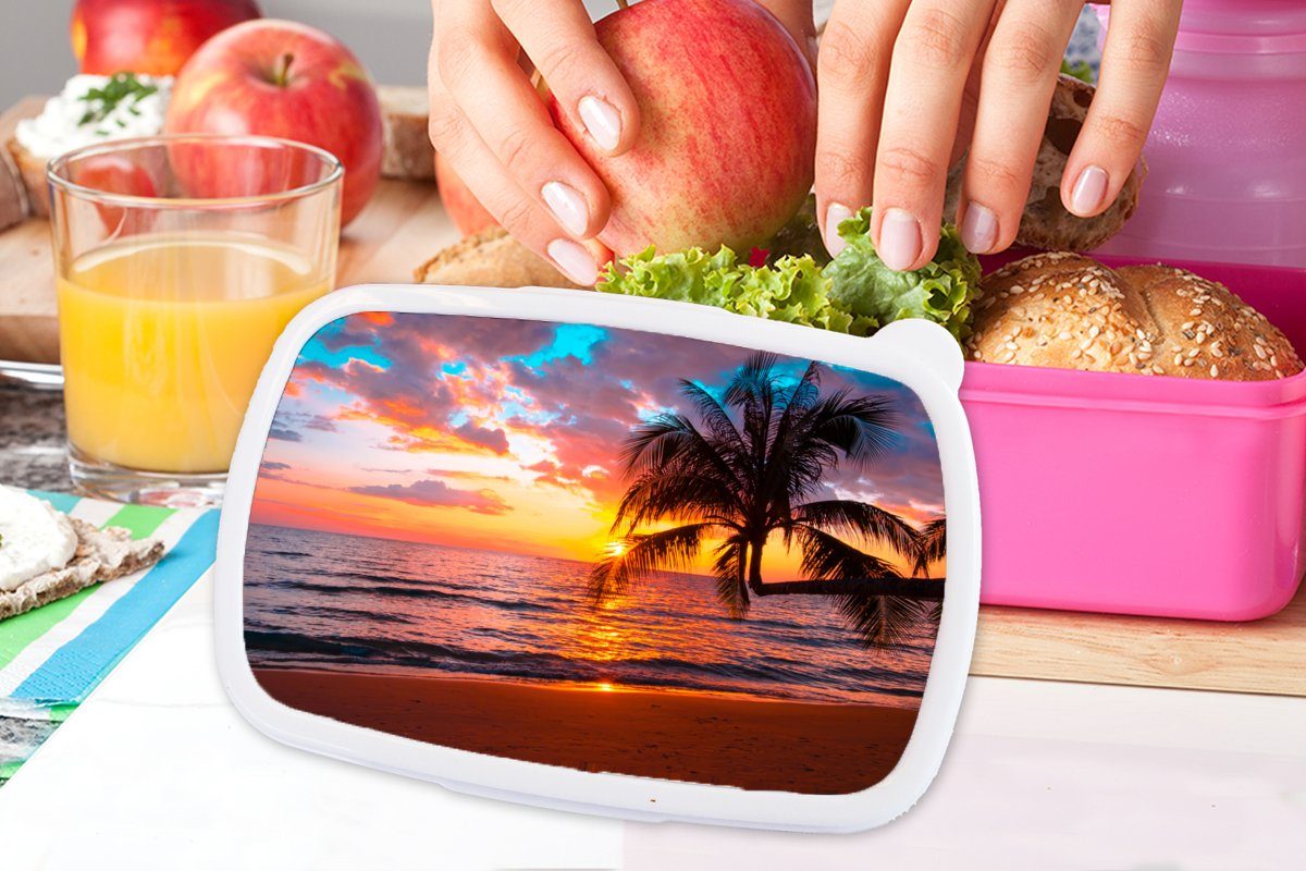 Sonnenuntergang Brotdose Horizont, Lunchbox Mädchen, für - Kunststoff Strand Snackbox, MuchoWow - Brotbox Erwachsene, rosa Kunststoff, - Palme Meer - (2-tlg), Kinder,