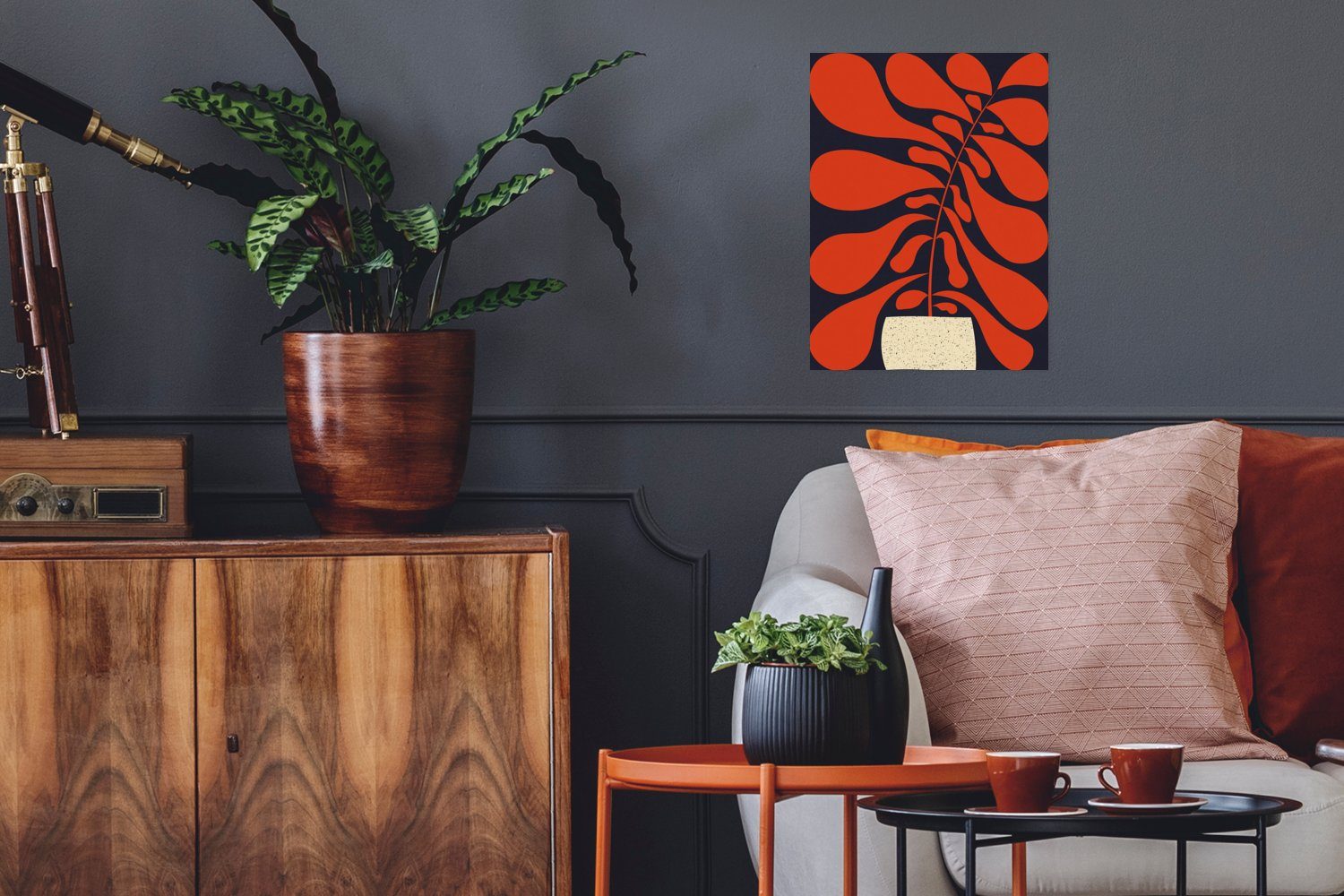 MuchoWow Poster Pflanze - Rot - Abstrakt - Vase, (1 St), Poster, Wandbild, Wandposter für Wohnzimmer, Ohne Rahmen