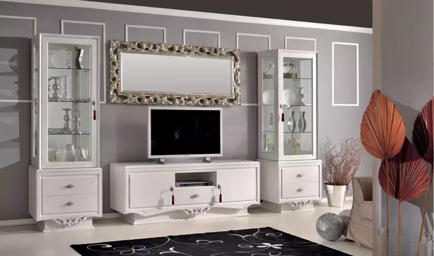 JVmoebel Wohnzimmer-Set Italienische Wohnzimmer Set TV-Ständer 2x Vitrine Weiß, (3-St., Nur TV-Ständer + 2x Vitrine), Made in Italy