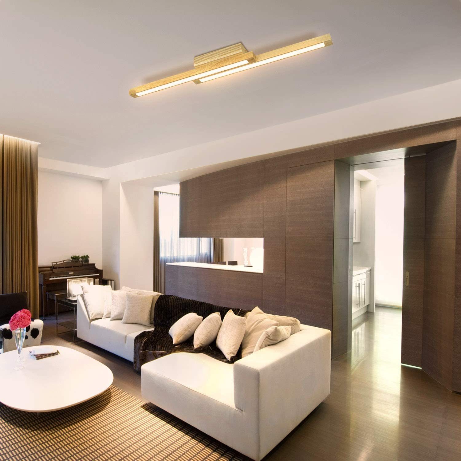 Deckenleuchte ZMH Wohnzimmerlampe fest 2-flammig, Lang LED LED Holz Warmweiß 3000K 114cm integriert,