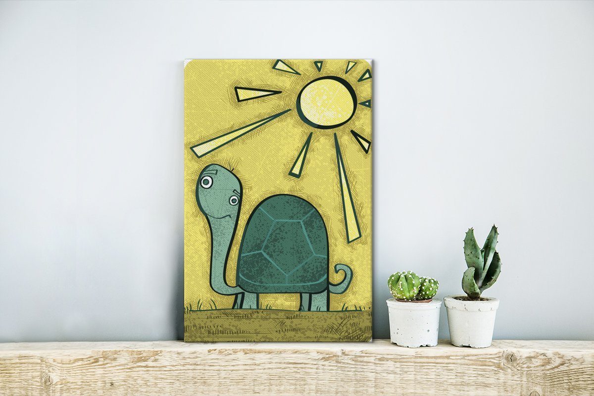 OneMillionCanvasses® Leinwandbild (1 einer Schildkröte bespannt in Leinwandbild Illustration cm der grünen 20x30 fertig Gemälde, St), Sonne, Zackenaufhänger, inkl