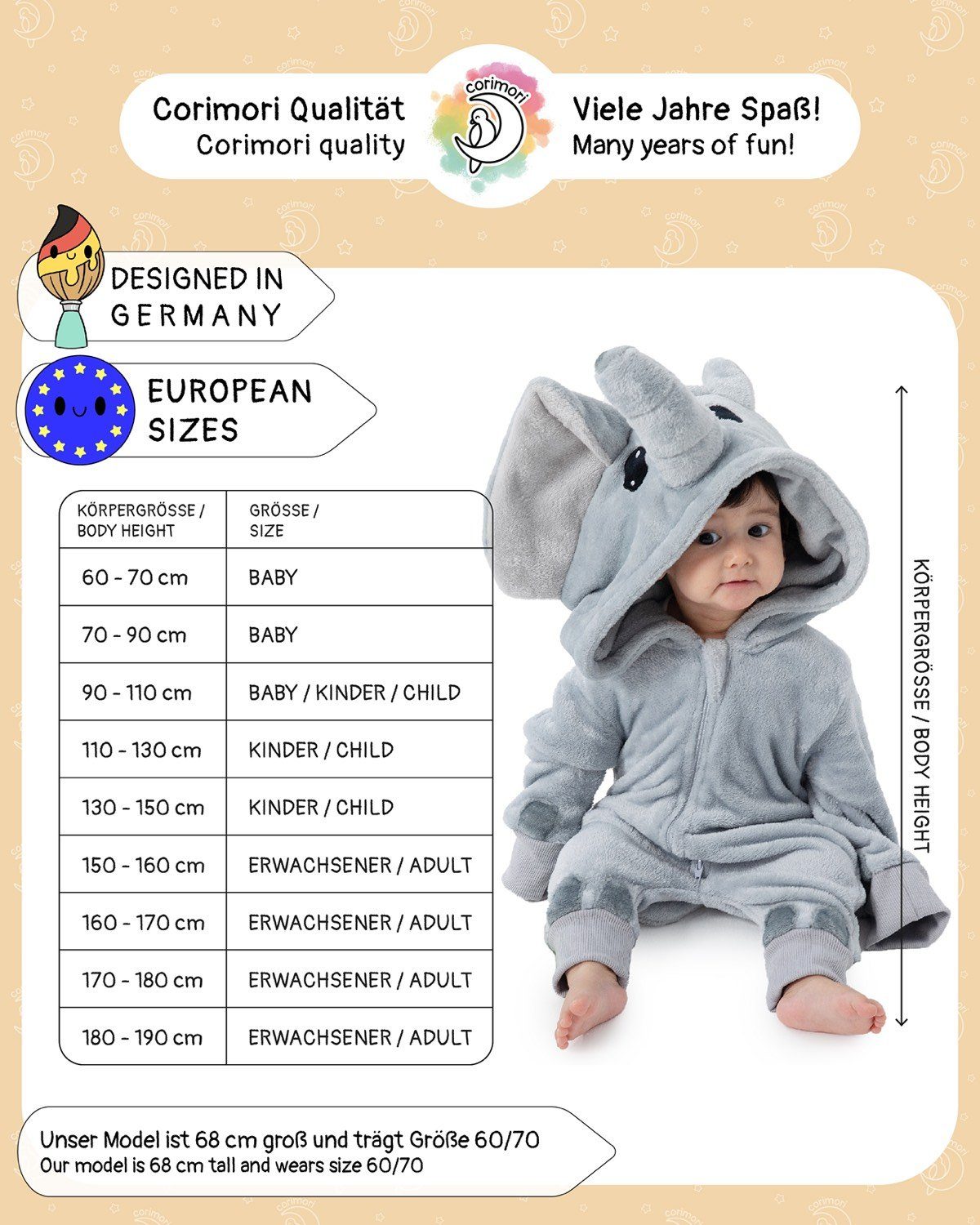 Corimori Strampler Onesie Elefant Nuru Baby Strampler Größen 60-90cm (1-tlg) Strampler, Fasching, Kigurumi, Tierkostüme, Babys, Elefant "Nuru"